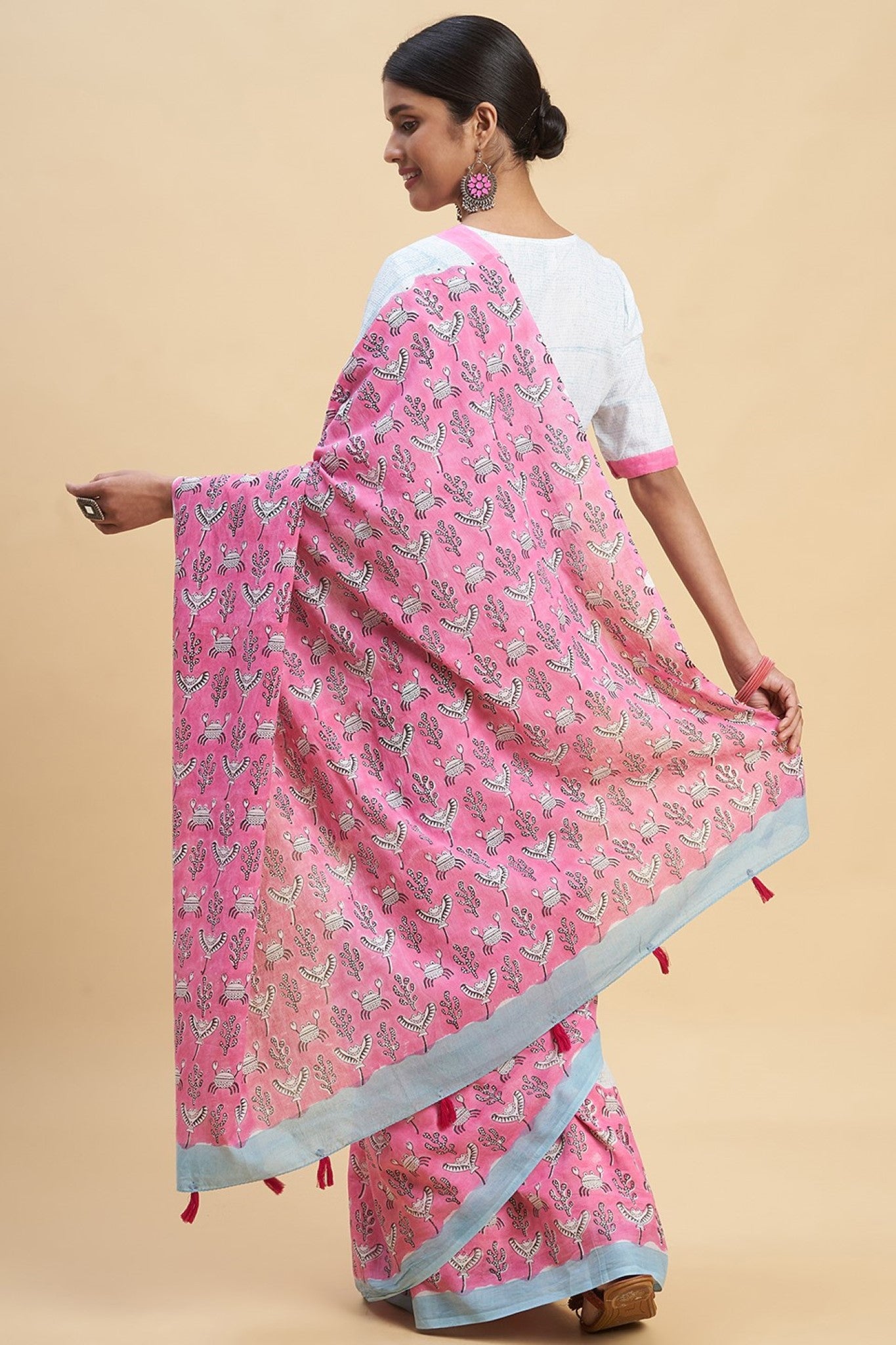Fiddler Pink Crab Block Printed Cotton Saree | Handmade Indian Traditional Dress for Women | Perfect for Weddings, Festivals & Cultural Events