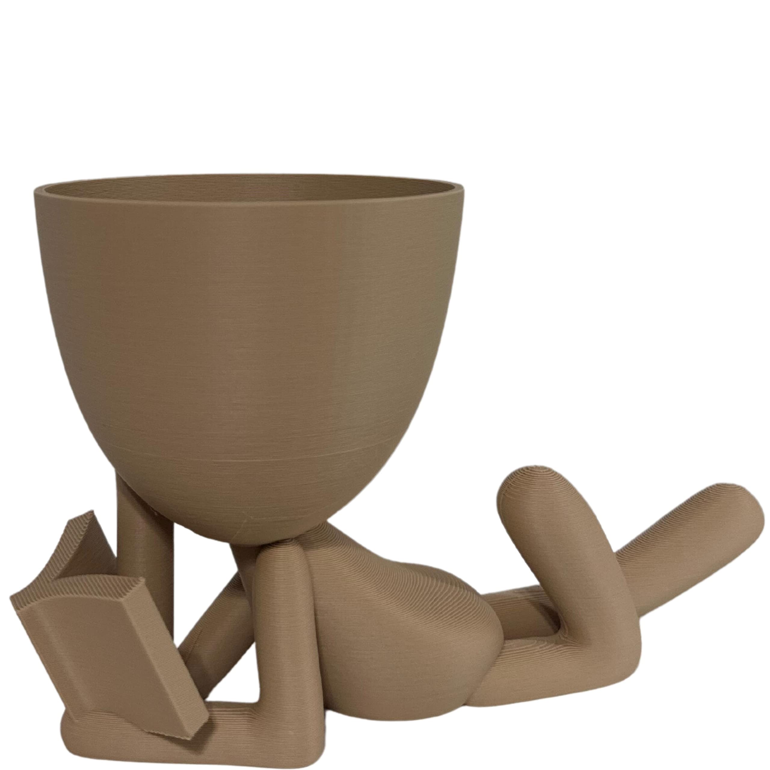 3D Printed Cute Plastic Planter Book Reader - Unique Decorative Flower Pot for Indoor Plants, Book Nook Decor - Made in USA (Beige) | Perfect for Home Office, Reading Nook & Plant Lovers Gift