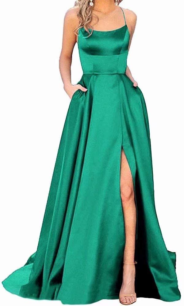Elegant Green Halter Prom Dress for Women - Long Side Split, Backless Satin Formal Evening Gown with Pockets (Size 8) | Perfect for Homecoming, Prom Night, Cocktail Parties & Special Occasions