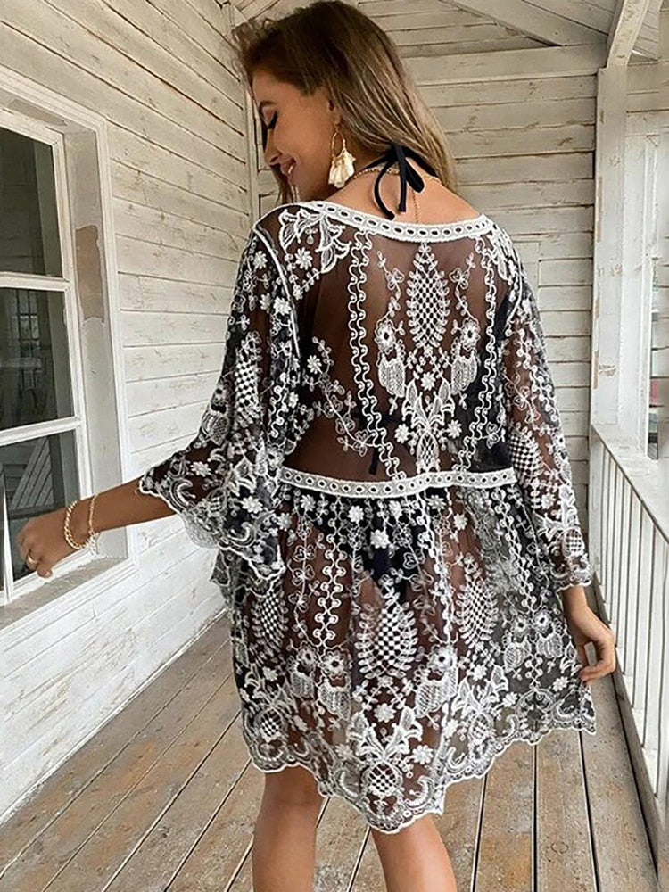 Floral Transparent Sexy Beach Cover Up Dress - Lightweight Swimwear Pareo for Women - Perfect for Poolside, Beach Vacations & Summer Outings