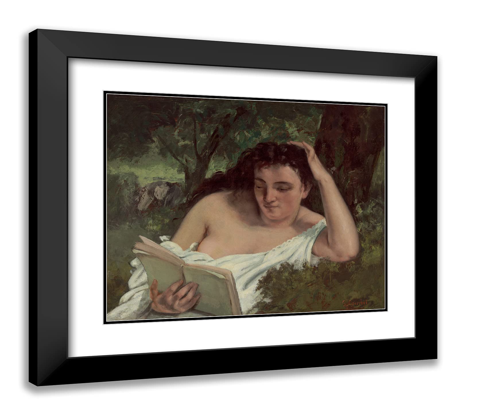 Gustave Courbet 'Young Woman Reading' 23x20 Black Modern Framed Art Print with Double Matting - Perfect for Living Room, Bedroom & Office Decor