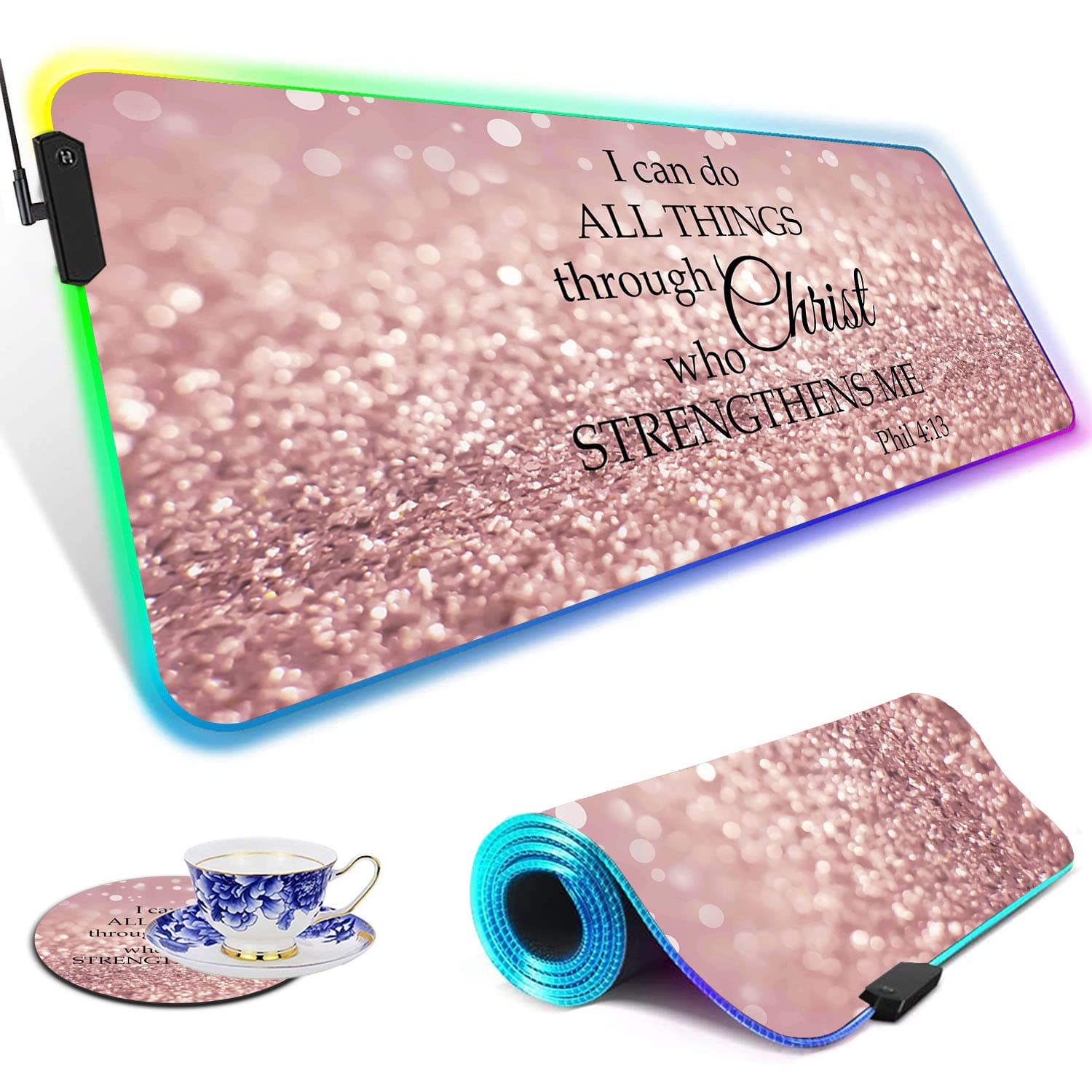 RGB Gaming Mouse Pad with LED Lights - Large Non-Slip Desk Mat for Keyboard & Mouse, Waterproof Optical Surface, Pink Philippians 4:13 Bible Verse Design - Perfect for PC Gaming Setup, Office Workstation & Streaming Studio