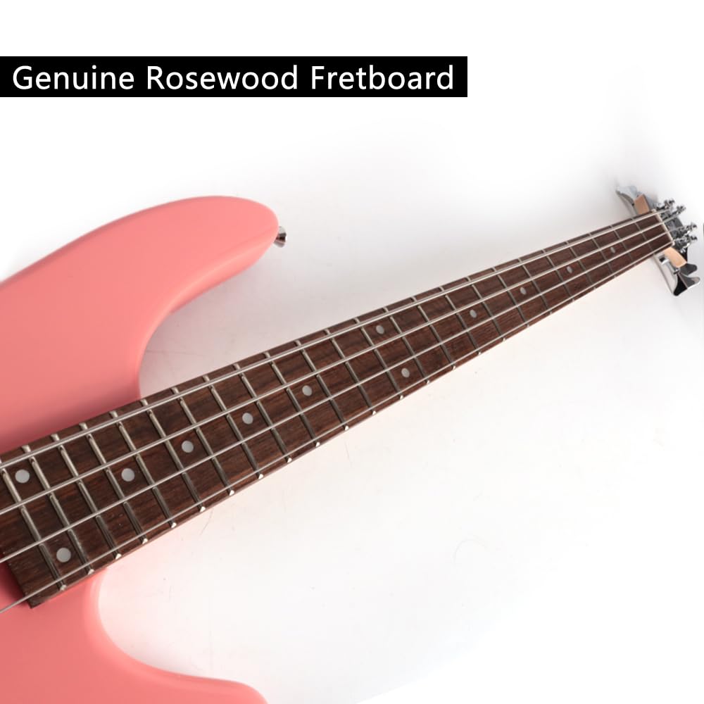 Full Size FBIB-60 Electric Bass Guitar 4 String Right Handed with Gig Bag (Pink) - Perfect for Beginners, Live Performances & Studio Recording