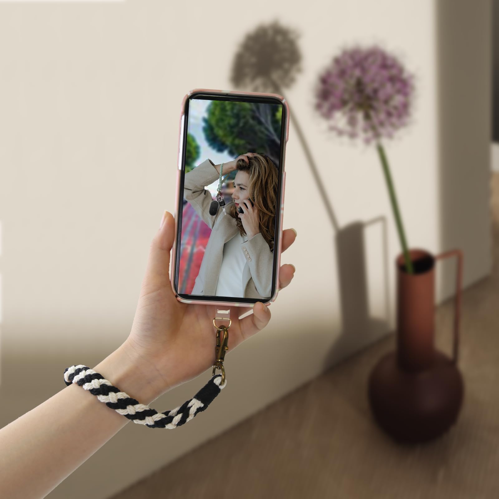 Boho Macrame Phone Wrist Strap - Anti-Loss Phone Bracelet with Tether Tab for iPhone & Android (Black & White, 2-Pack) | Perfect for Travel, Shopping & Outdoor Activities