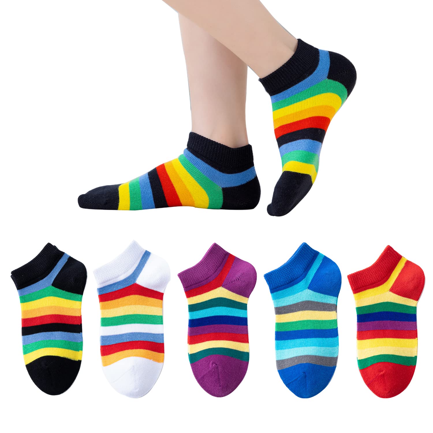 Marchare Girls Seamless Cotton Socks - 5 Pack Rainbow Striped Crew Socks for Kids, School, Play & Everyday Wear