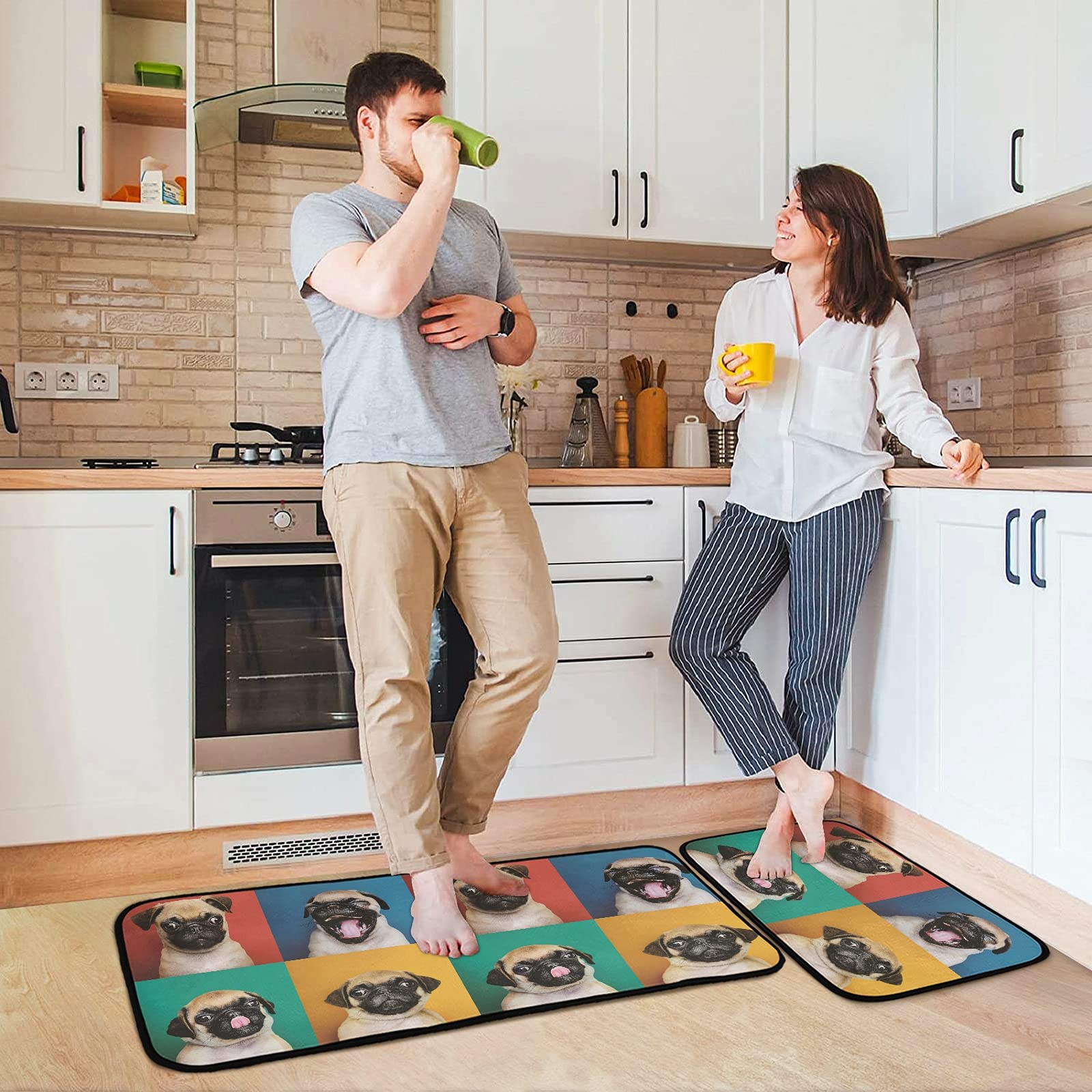Funny Pug Kitchen Mat Set of 2 - Anti-Fatigue Non-Slip Washable Memory Foam Rugs - Cushioned Standing Mat for Office, Desk, Sink & Laundry - Perfect Home Decor for Dog Lovers & Pet Owners