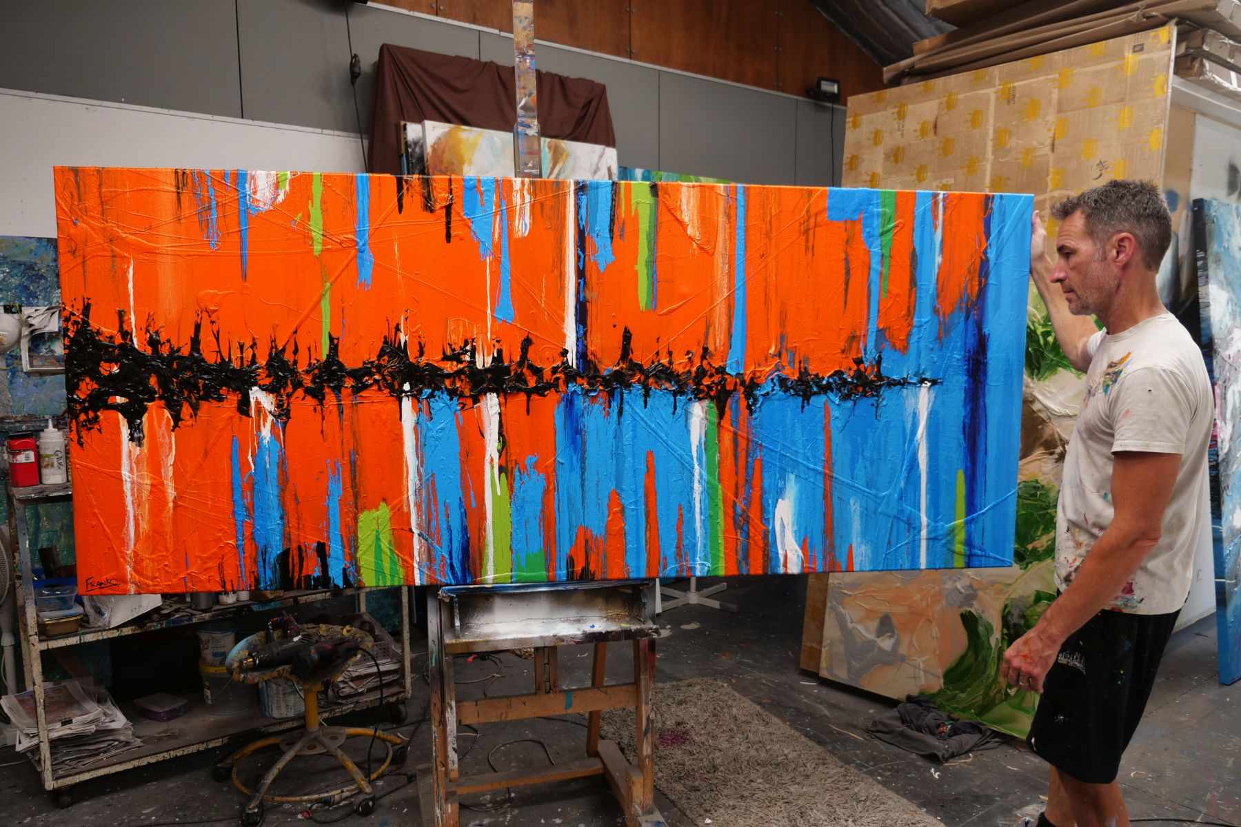Orange Blue Textured Abstract Painting 240cm x 100cm - Modern Large Wall Art for Living Room, Bedroom & Office Decor