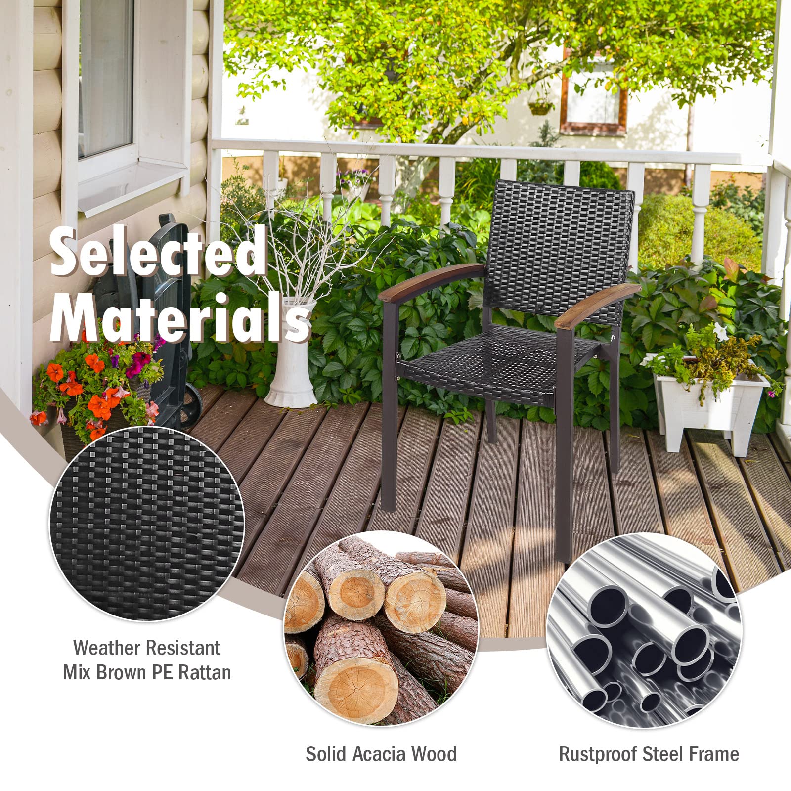 Tangkula 2-Piece Stackable PE Wicker Patio Chairs Set with Acacia Wood Armrests - Indoor/Outdoor Dining Chairs for Garden, Poolside, Backyard & Bistro - Perfect for Outdoor Entertaining, Relaxing & Dining (Mix Brown)