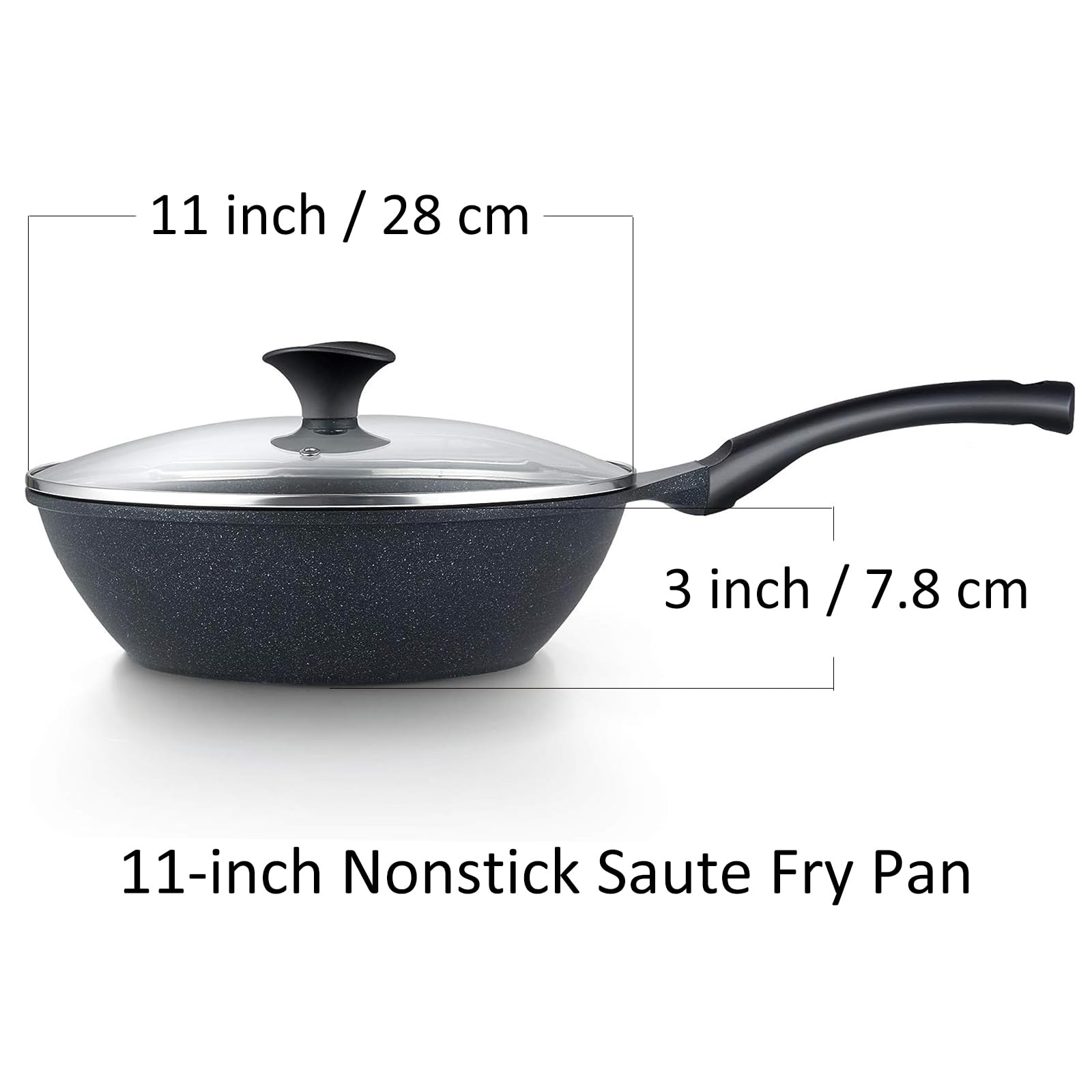 Nonstick Deep Fry Pan with Lid - 11 Inch Marble Wok Saute Skillet for Stir Frying, Black | Cook N Home Large Frying Pan for Sautéing, Frying & Cooking Family Meals