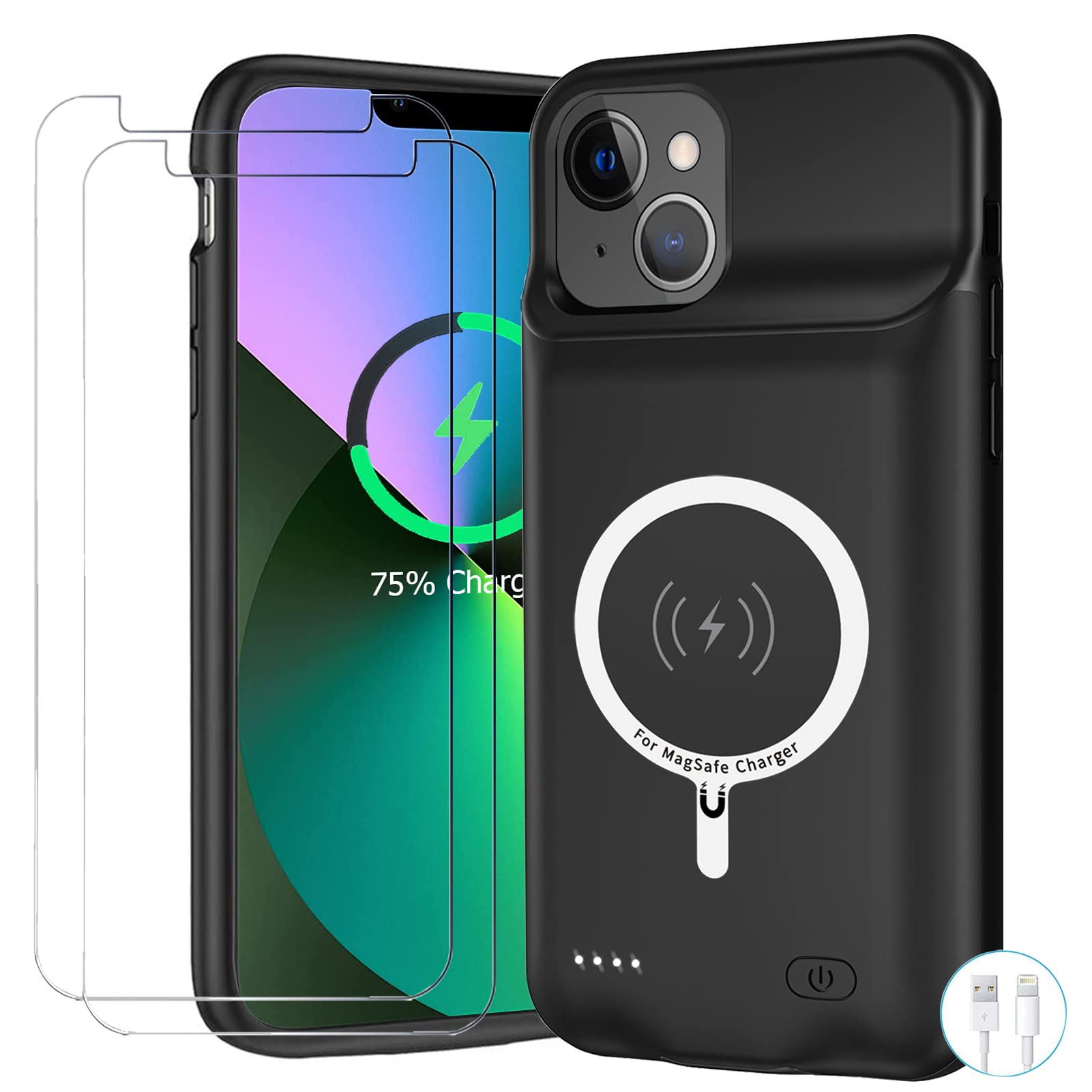 10000mAh Battery Case for iPhone 13 - Rechargeable Charging Case with Wireless Charging & CarPlay Support | External Power Bank for iPhone 13 (6.1 inch) | Perfect for Travel, Work & Emergency Charging (Black)