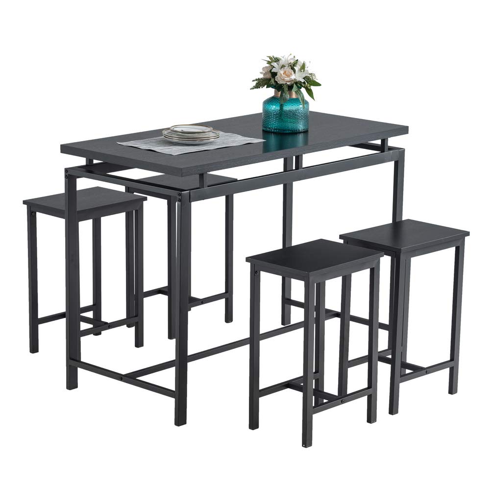Modern 5-Piece Dining Set, Contemporary Wood Table with Four Stools, Home Kitchen Breakfast Furniture, Black, Great for Family Meals and Entertaining