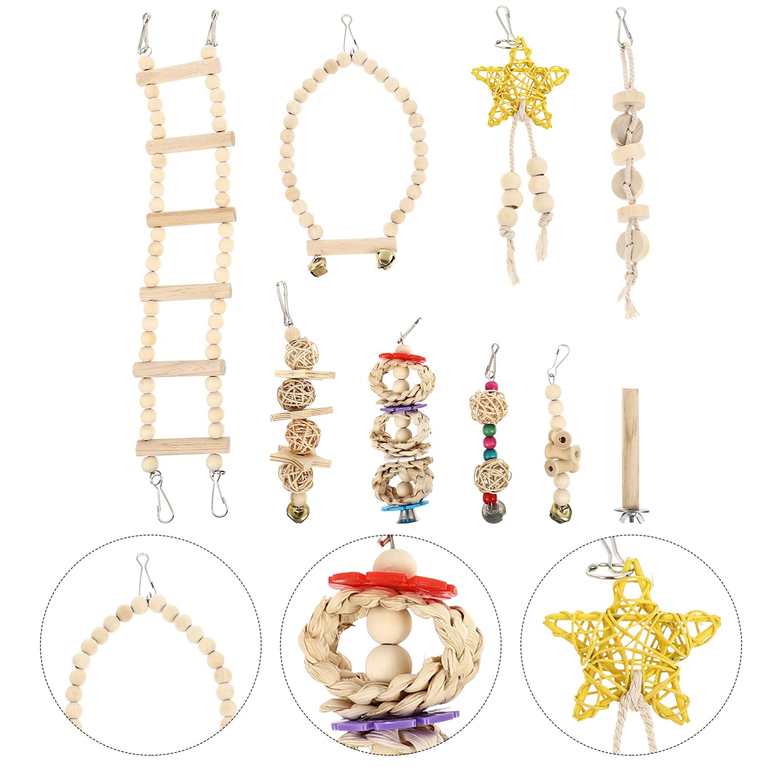 Balacoo 9 Pcs Bird Toy Set - Hammock, Chewing Toys, Climbing Accessories, Wooden Bridge, Swing & Cone Tail for Parrots, Hamsters - Perfect for Cage Enrichment and Playtime
