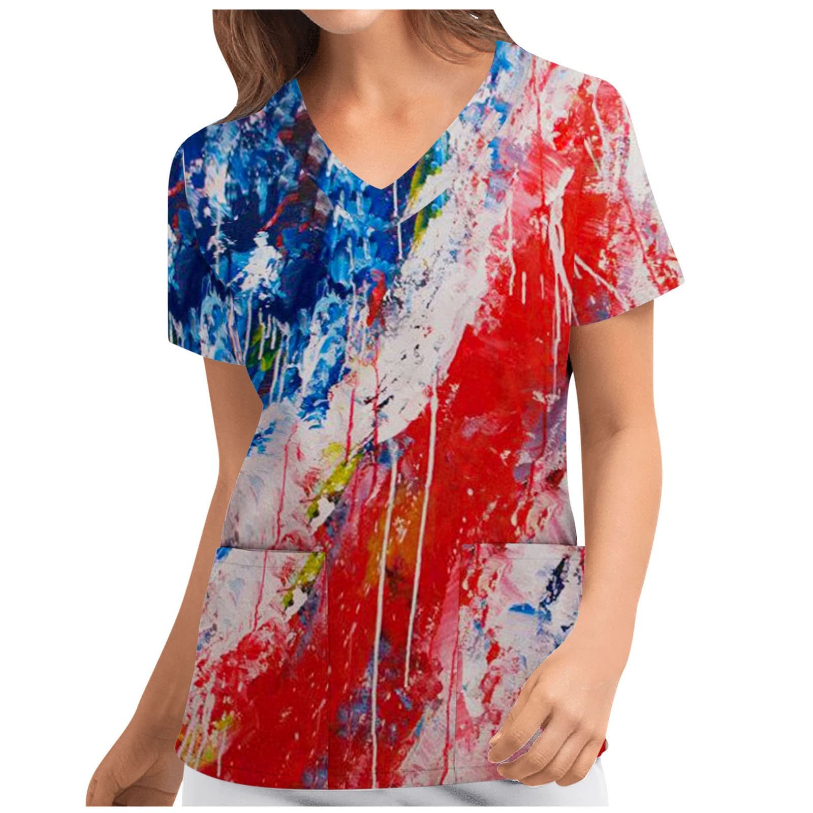 Patriotic Women's Short Sleeve V-Neck Blouse with Pocket - Fashionable Work Uniform & Cute Summer Top for Office, 4th of July, and Casual Outings