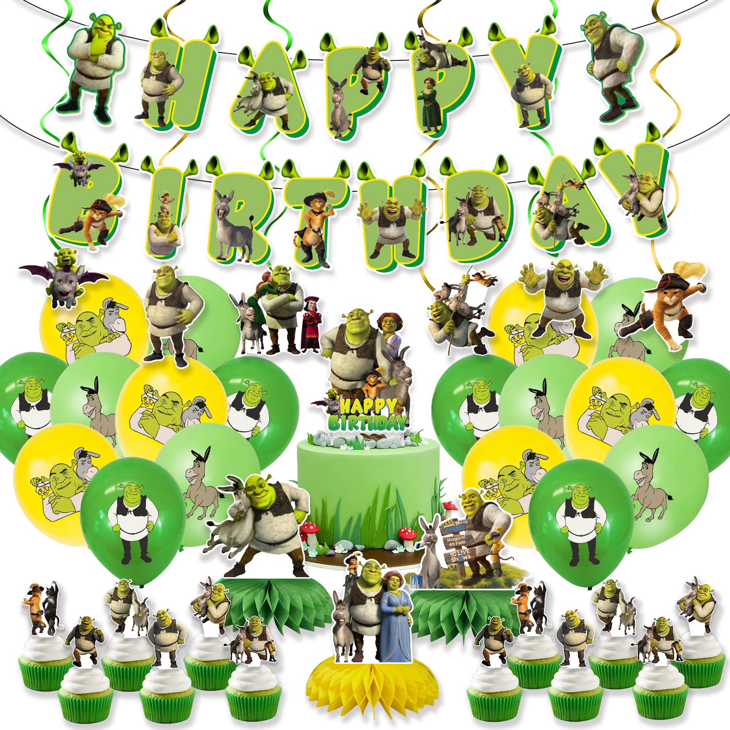 Cartoon Themed Birthday Party Decorations Set for Boys - Happy Birthday Banner, Hanging Swirls, Latex Balloons & Cake Toppers - Perfect for Kids Birthday Parties, Baby Showers & Themed Celebrations