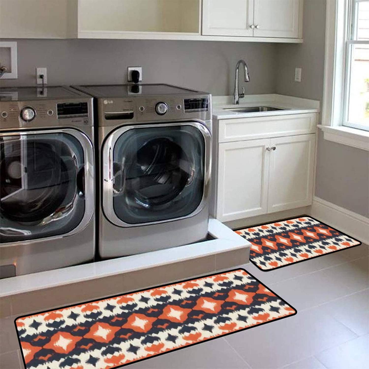 Non-Slip Washable Kitchen Rugs Set - Ethnic Abstract Ikat Design with Tribal Folk Embroidery, Anti-Fatigue Floor Mat for Comfortable Standing - Perfect for Kitchen Runner, Doormat, Bath Rug & Home Decor