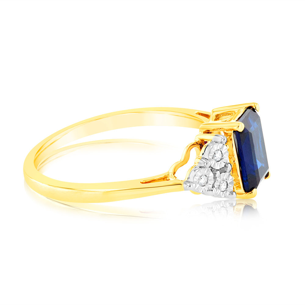 9ct Yellow Gold 7mm Created Sapphire and Diamond Ring for Women - Elegant Engagement, Wedding, Anniversary Gift - Perfect for Special Occasions