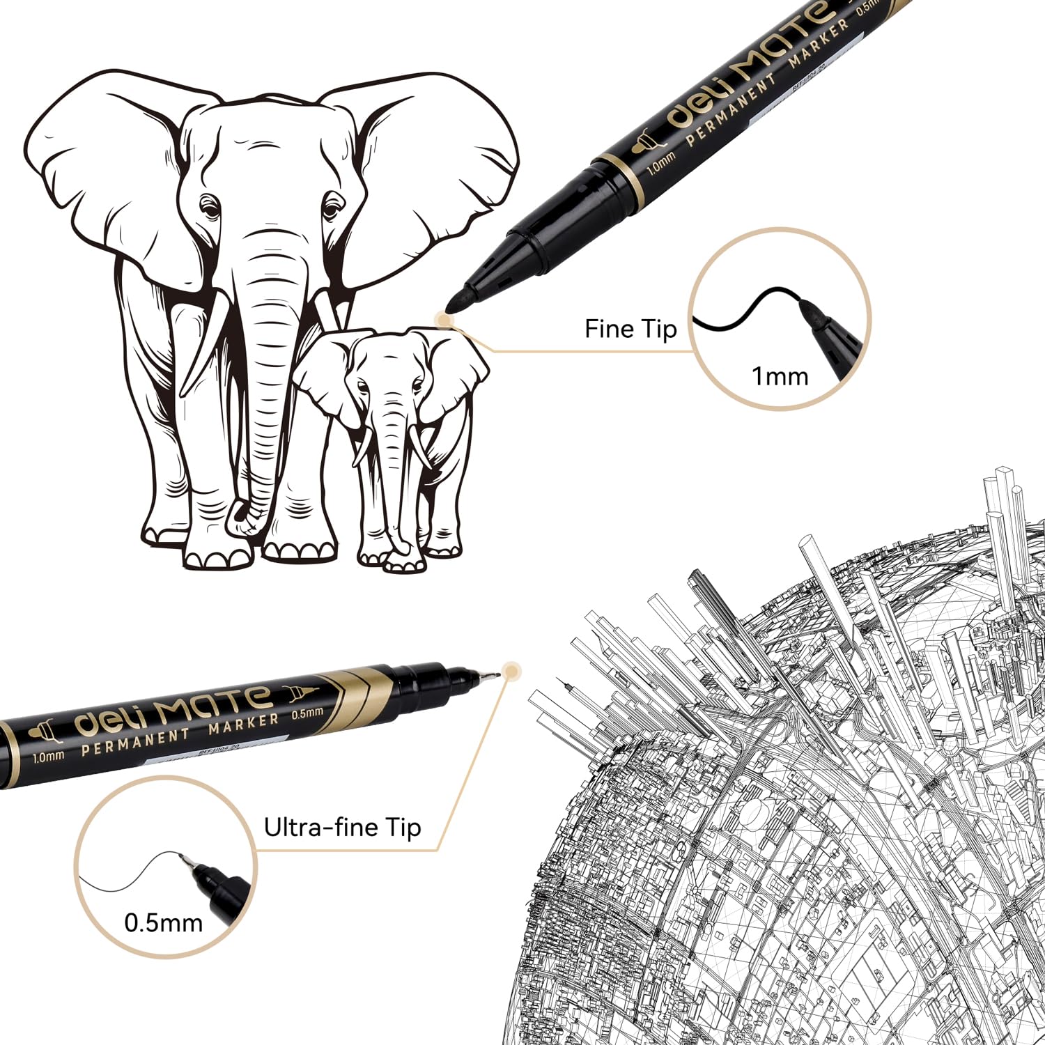 Deli Twin Tip Permanent Markers - Fine & Ultra Fine for Signing, Labeling, Office & Art Use
