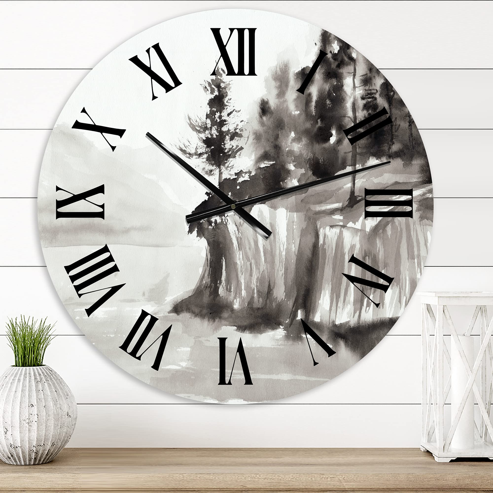DesignQ Nautical Coastal Wall Clock - Monochrome Cliffs by The Lake - Large Landscape Nature Wall Clock for Home Office Decor - Perfect for Living Room, Bedroom & Coastal Themed Spaces