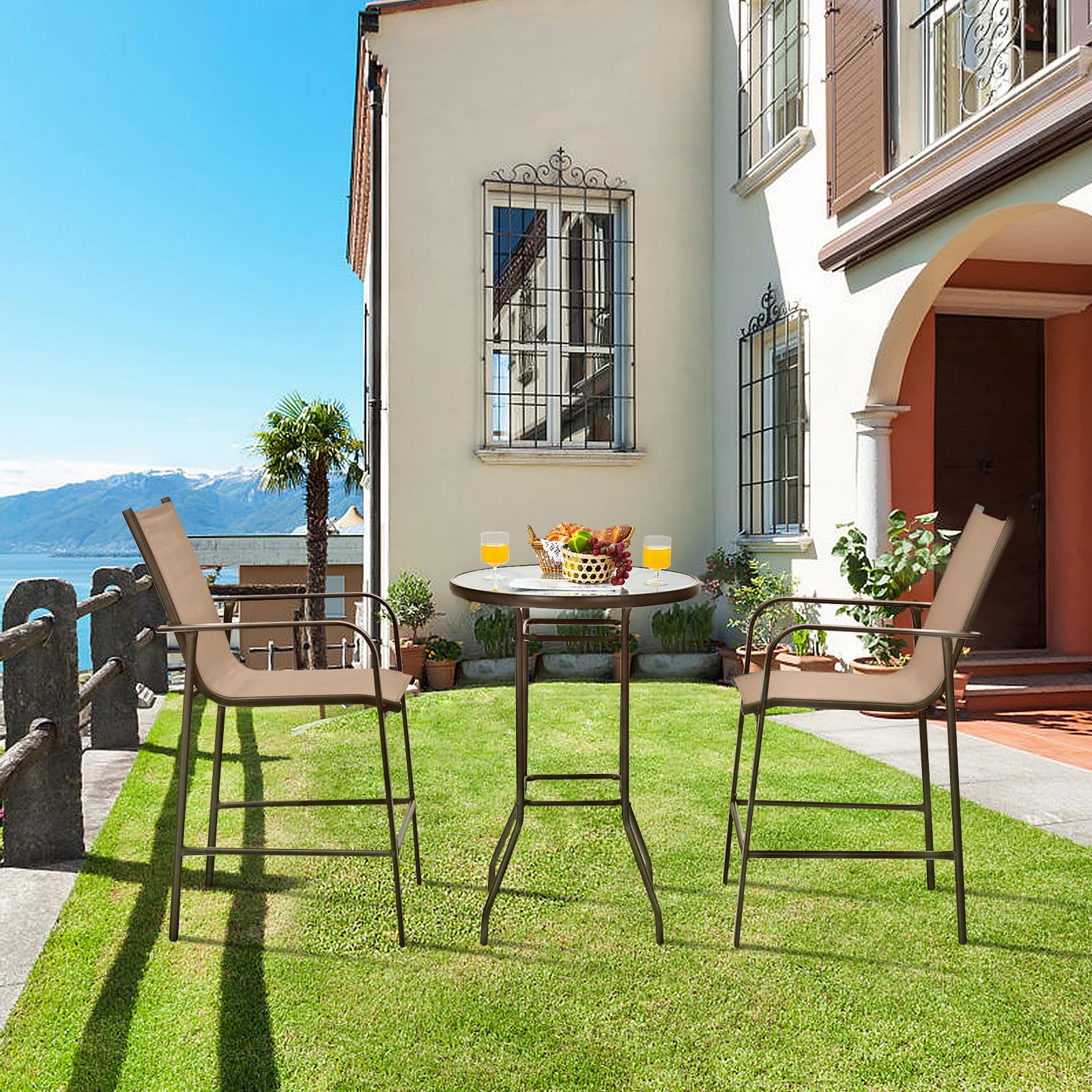 Tangkula 3-Piece Outdoor Patio Bar Set - 2 Bar Stools & 1 Tempered Glass Table, Bistro Height for Backyard, Garden, Balcony - Perfect for Coffee, Dining & Outdoor Relaxation