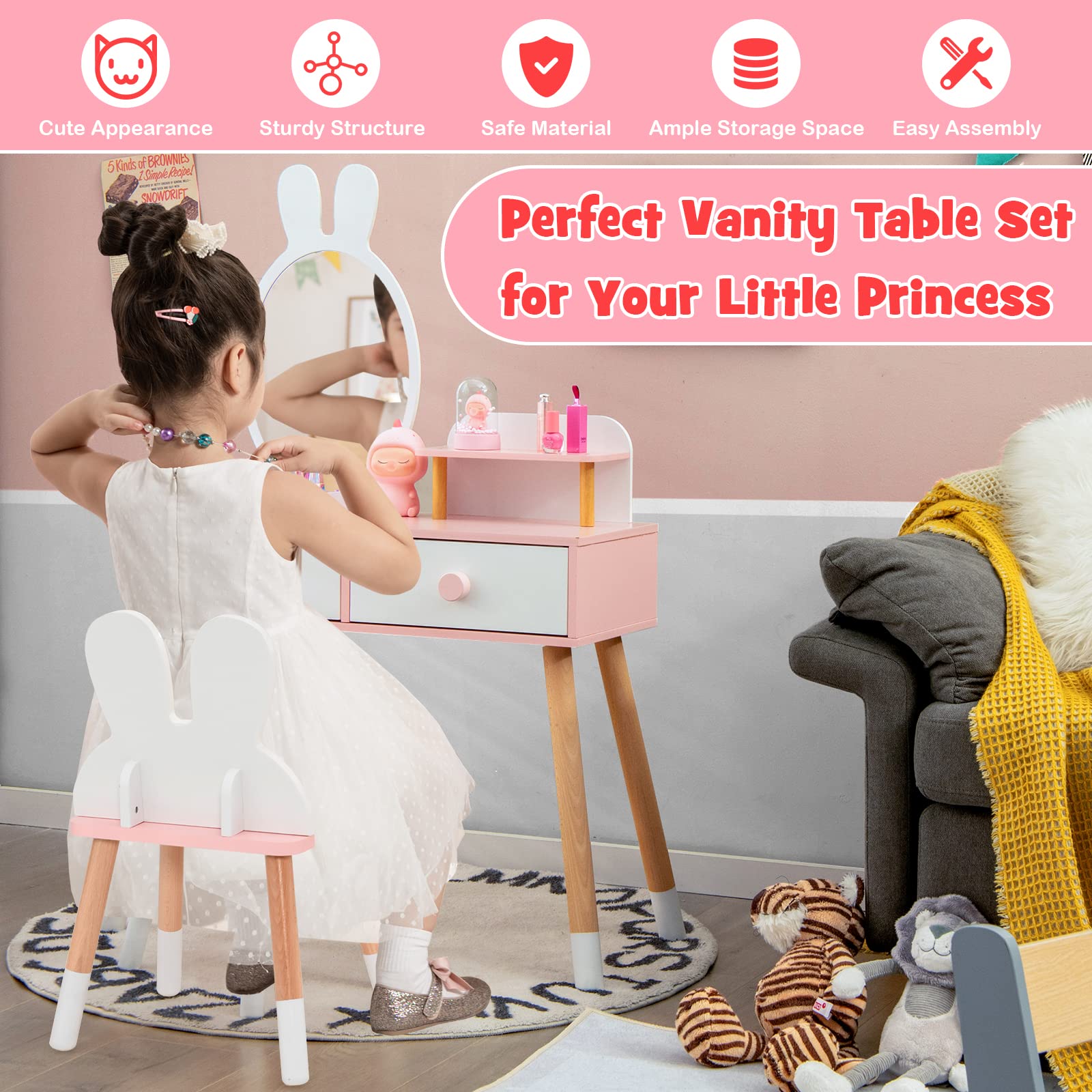 **White Kids Vanity Set with Mirror, Storage Shelf & 2 Large Drawers - Princess Dressing Table & Toddler Makeup Vanity for Girls - Perfect for Playroom, Bedroom & Birthday Gifts**