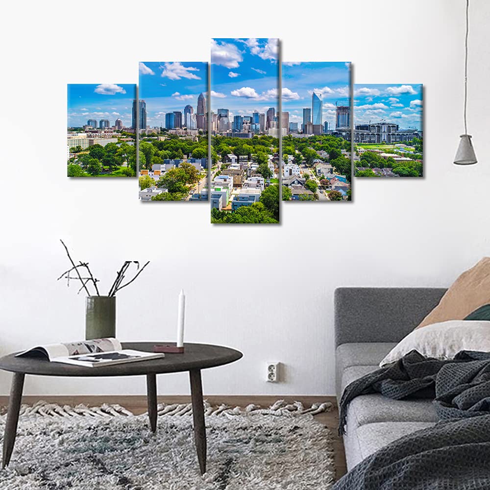 TUMOVO 5-Panel Canvas Wall Art - Charlotte North Carolina Cityscape Skyline Painting, Modern Home Decor for Living Room, Stretched & Framed Ready to Hang (60