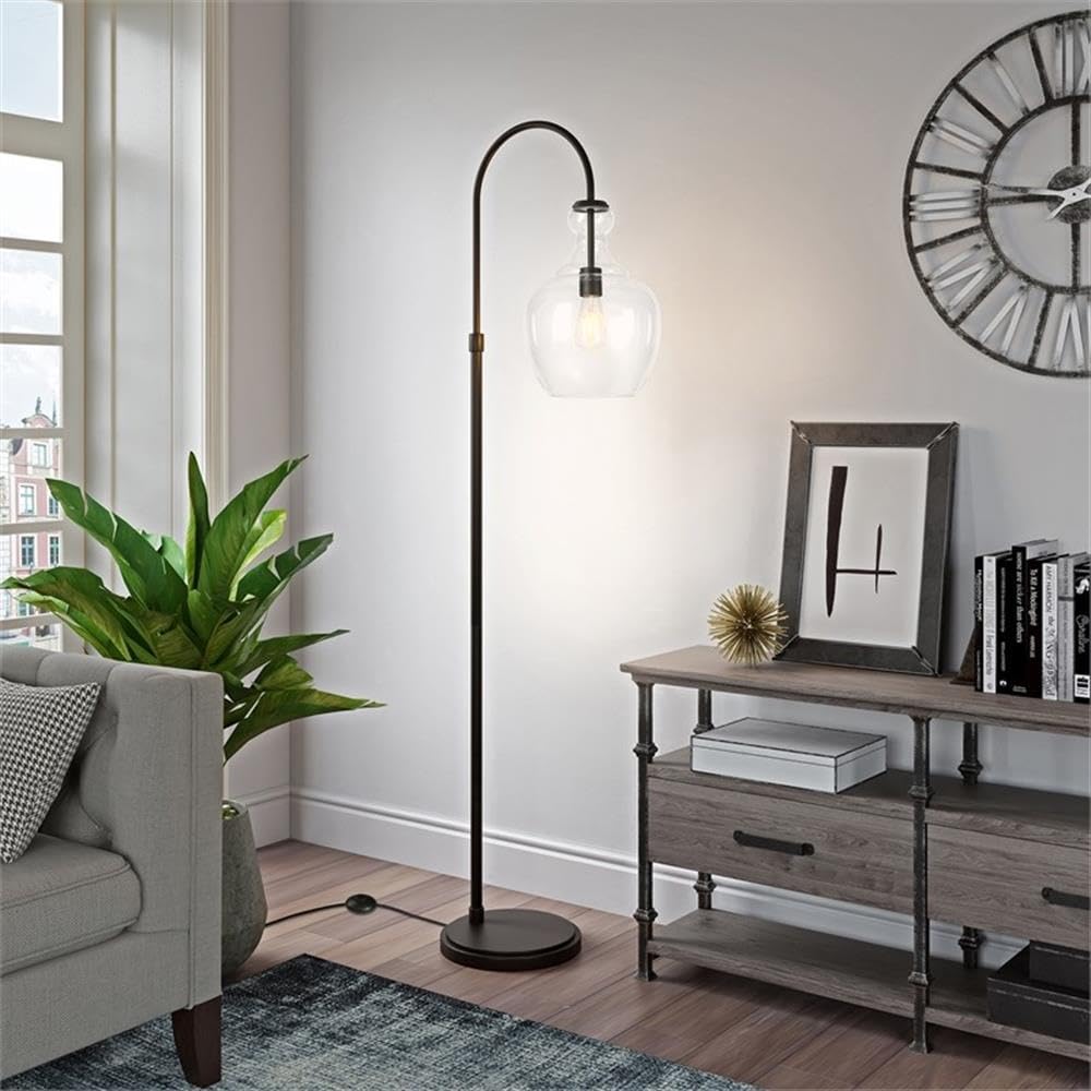 Modern Metal Arc Floor Lamp in Black & Bronze with Clear Glass Shade - Perfect for Living Room, Bedroom, or Office Lighting Decor