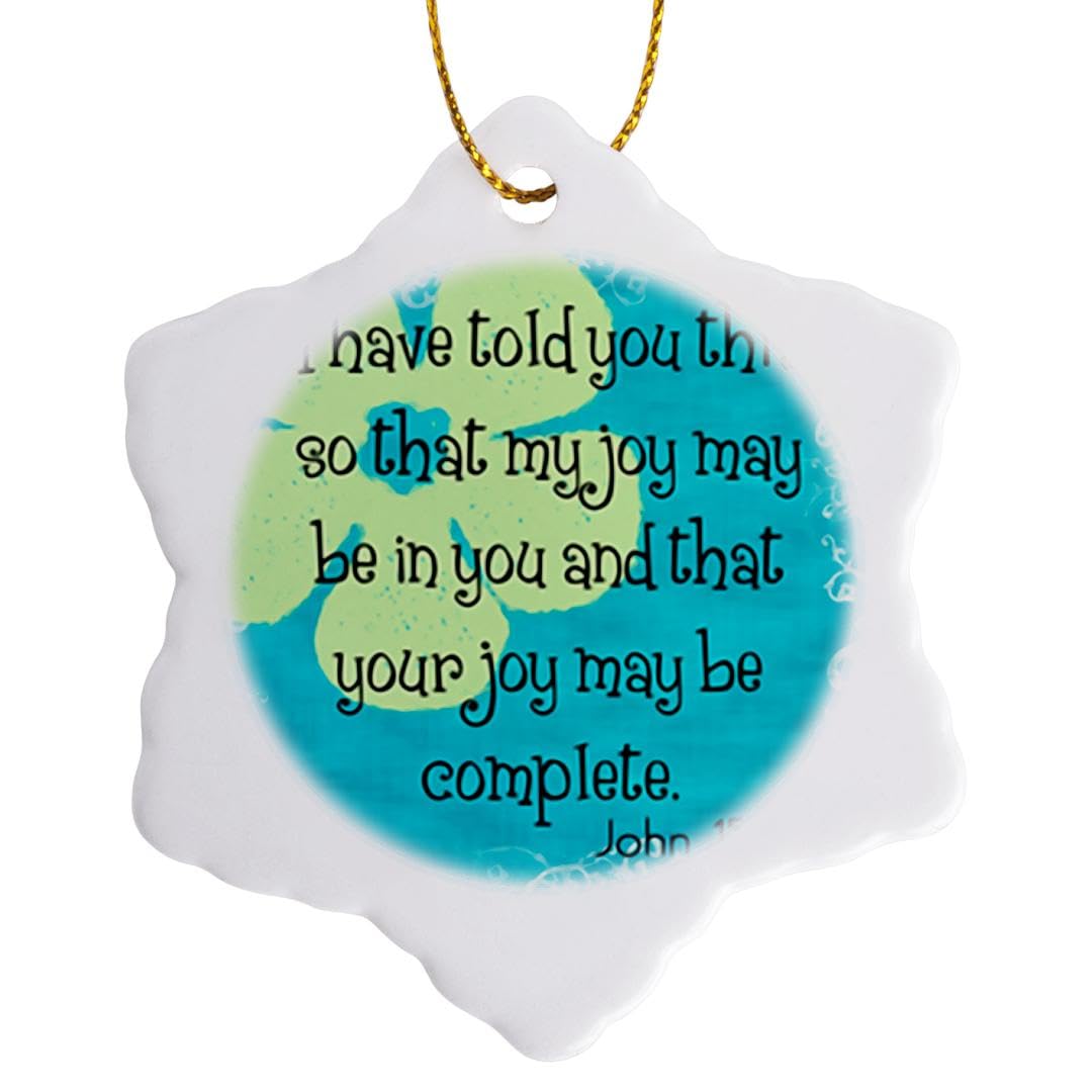 3 Inch Snowflake Porcelain Ornament with Bible Verse John 15:11 - Whimsical Flower Christian Religious Decor for Christmas Tree, Home, Gift & Inspirational Holiday Decorations