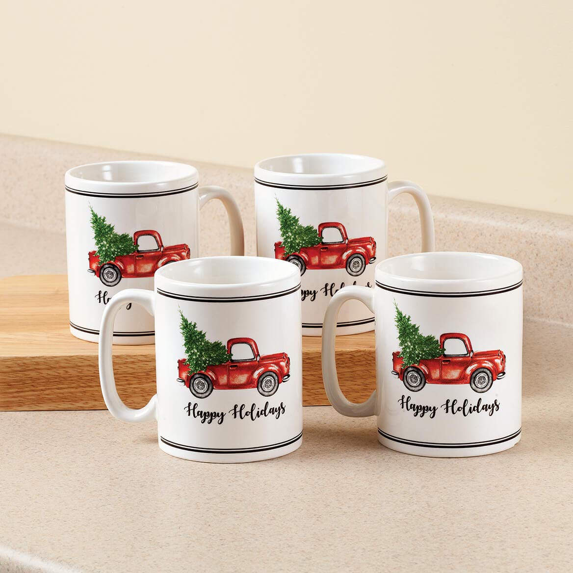 Fox Valley Traders William Roberts Holiday Truck Coffee Mugs Set of 4 - Christmas Themed Ceramic Cups for Hot Cocoa, Tea & Coffee - Perfect for Holiday Gifts, Winter Decor & Cozy Home Use