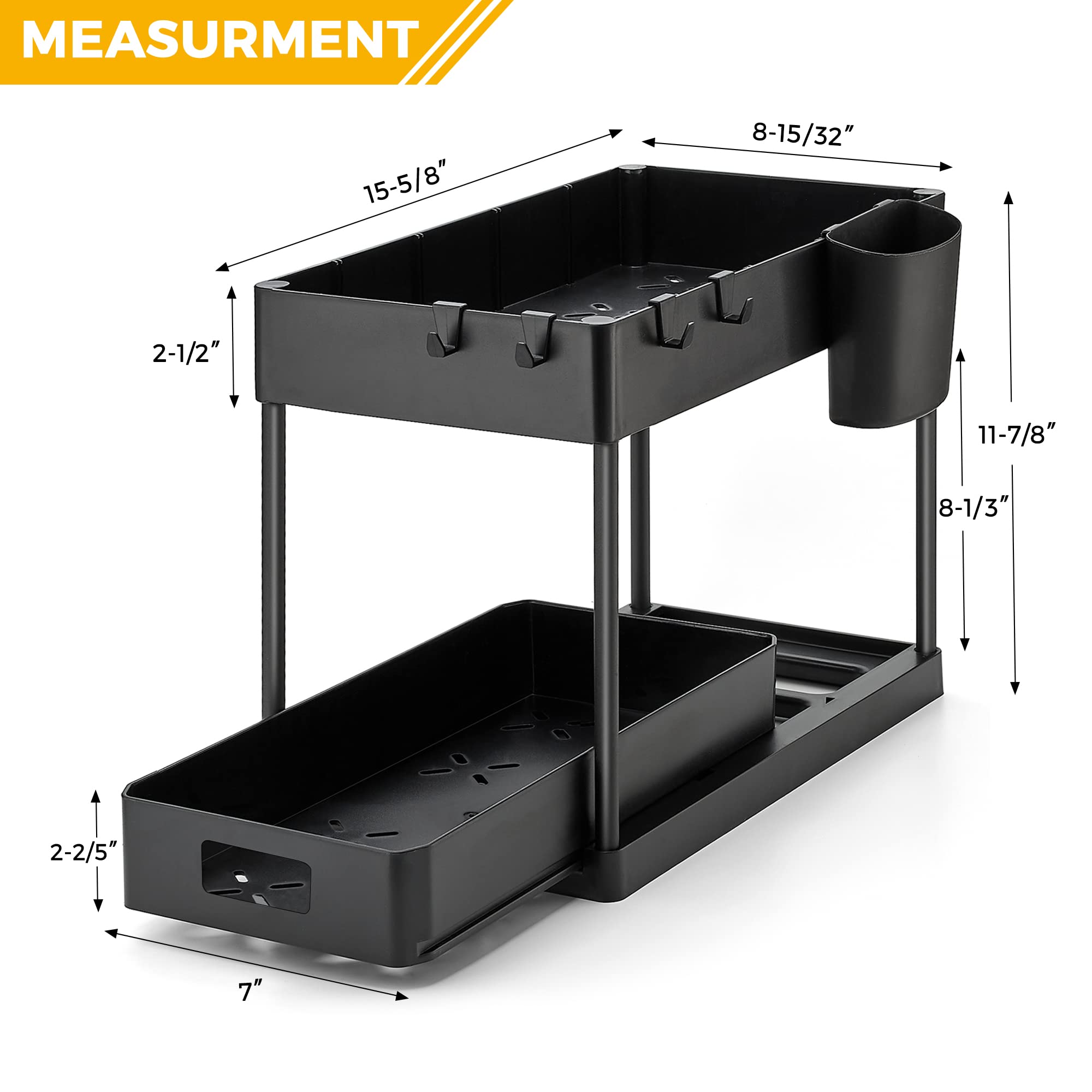 Ravinte 2-Tier Pull Out Under Sink Organizer with Hooks & Hanging Cup - Multi-Purpose Sliding Cabinet Storage for Kitchen & Bathroom - Space Saving Matte Black Design - Perfect for Small Spaces, Apartments & RVs