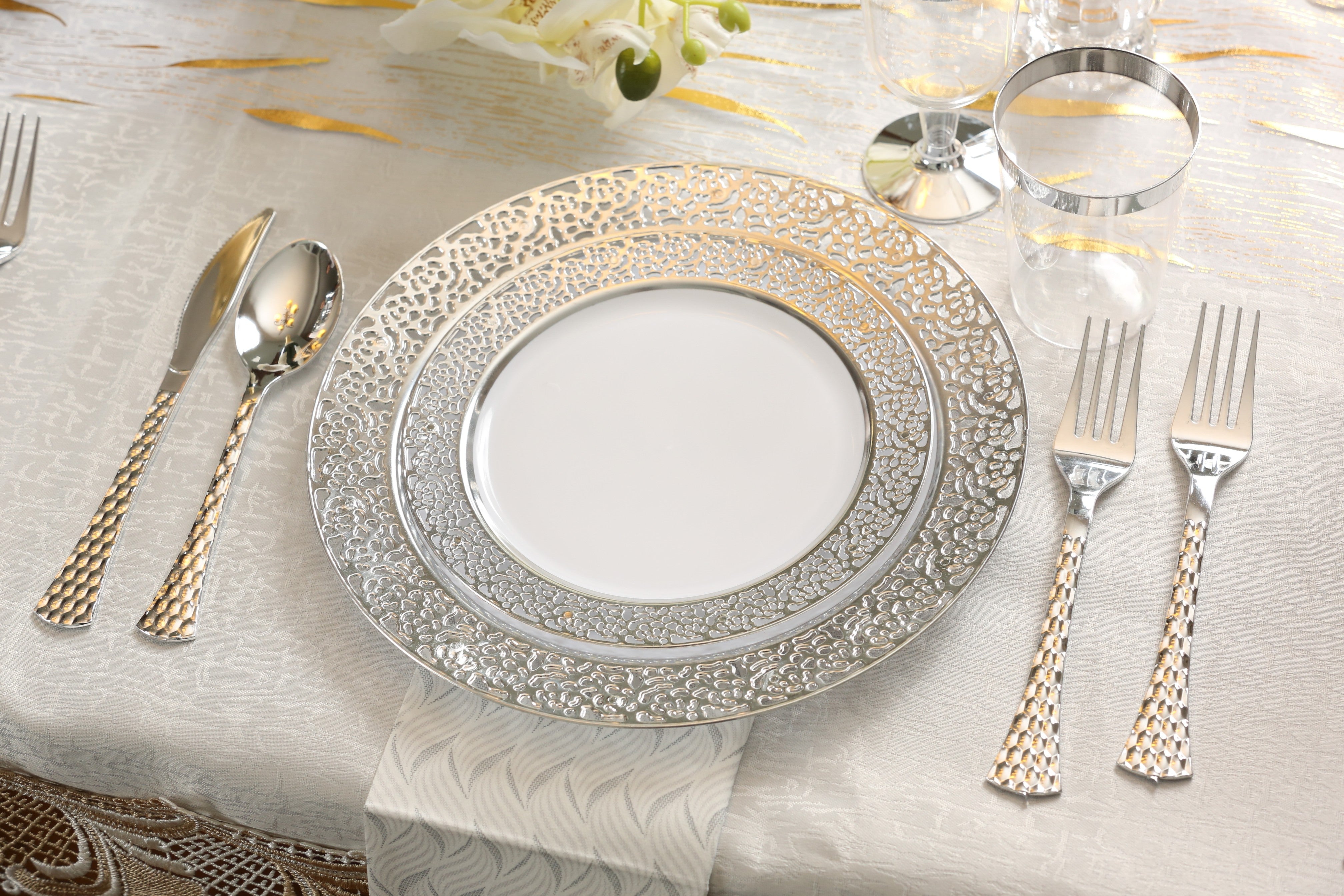 100-Piece White & Silver Round Plastic Dinnerware Set with Lace Design - 20 Place Settings for Weddings, Parties & Elegant Events