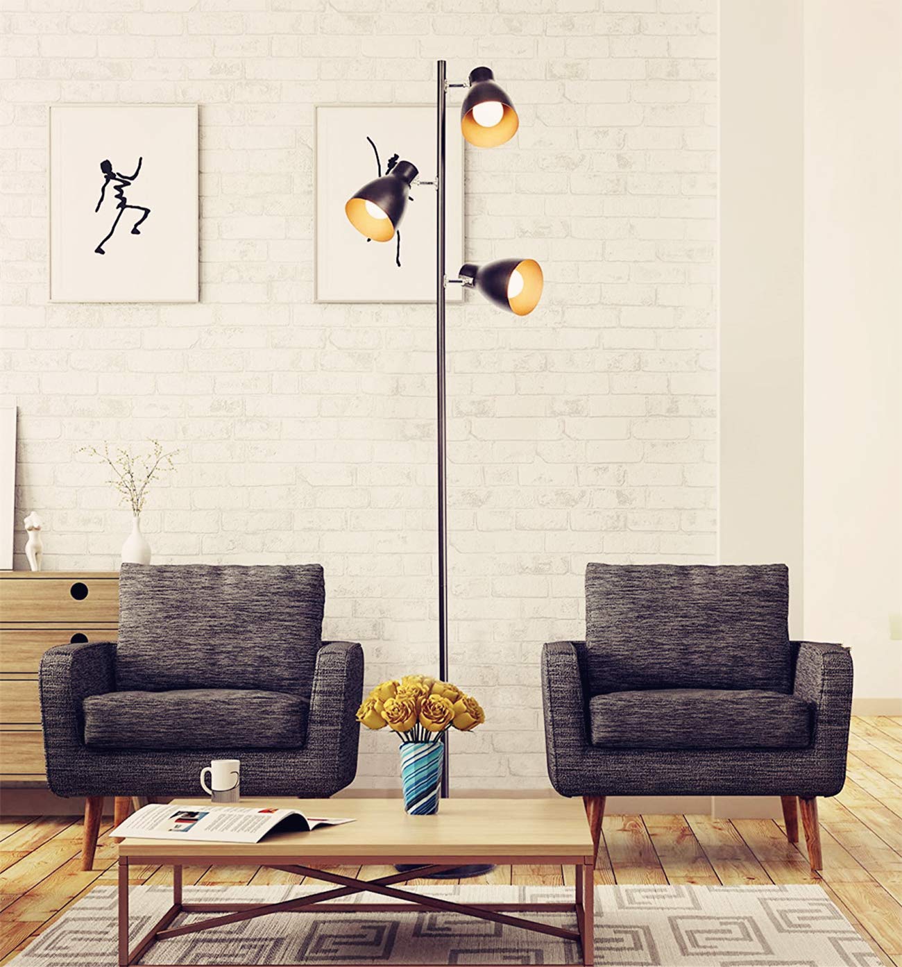 Adjustable Retro Industrial Floor Lamp - 3 Light Tree Design with E27 Socket (Max 25W), 166cm Height in Black/Gold - Perfect for Reading, Living Room, Bedroom & Office Lighting