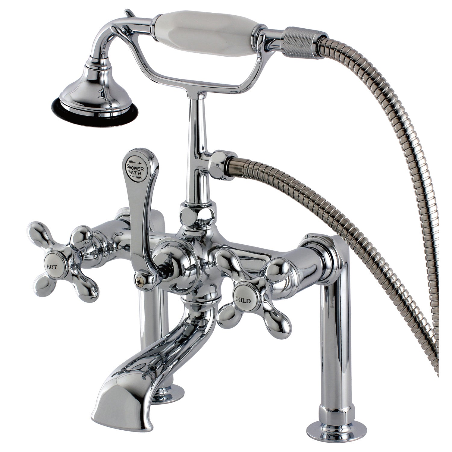 Vintage AE110T1 3-Handle 2-Hole Deck Mount Clawfoot Bathtub Faucet with Hand Shower in Polished Chrome - Perfect for Classic Bathroom Renovations and Luxury Spa Retreats