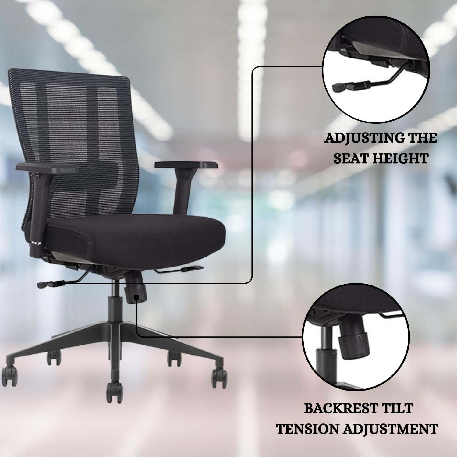 Ergonomic Office Chair with Breathable Mesh Back - Adjustable Height & Lumbar Support for Home & Office Use (Black) - Perfect for Long Hours of Sitting, Gaming, or Working from Home