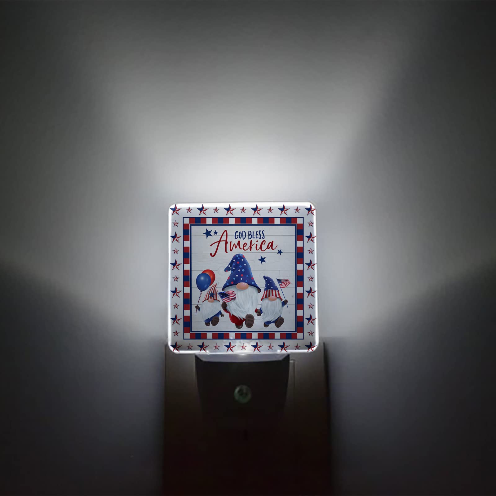 LED Night Light Plug in with Auto Sensor - Red & Blue Striped Gnome Design for Kids, Bedroom, Bathroom & Kitchen | Dimmable Wall Plug Night Lamp for Home Decor & Safety (4th of July Theme)