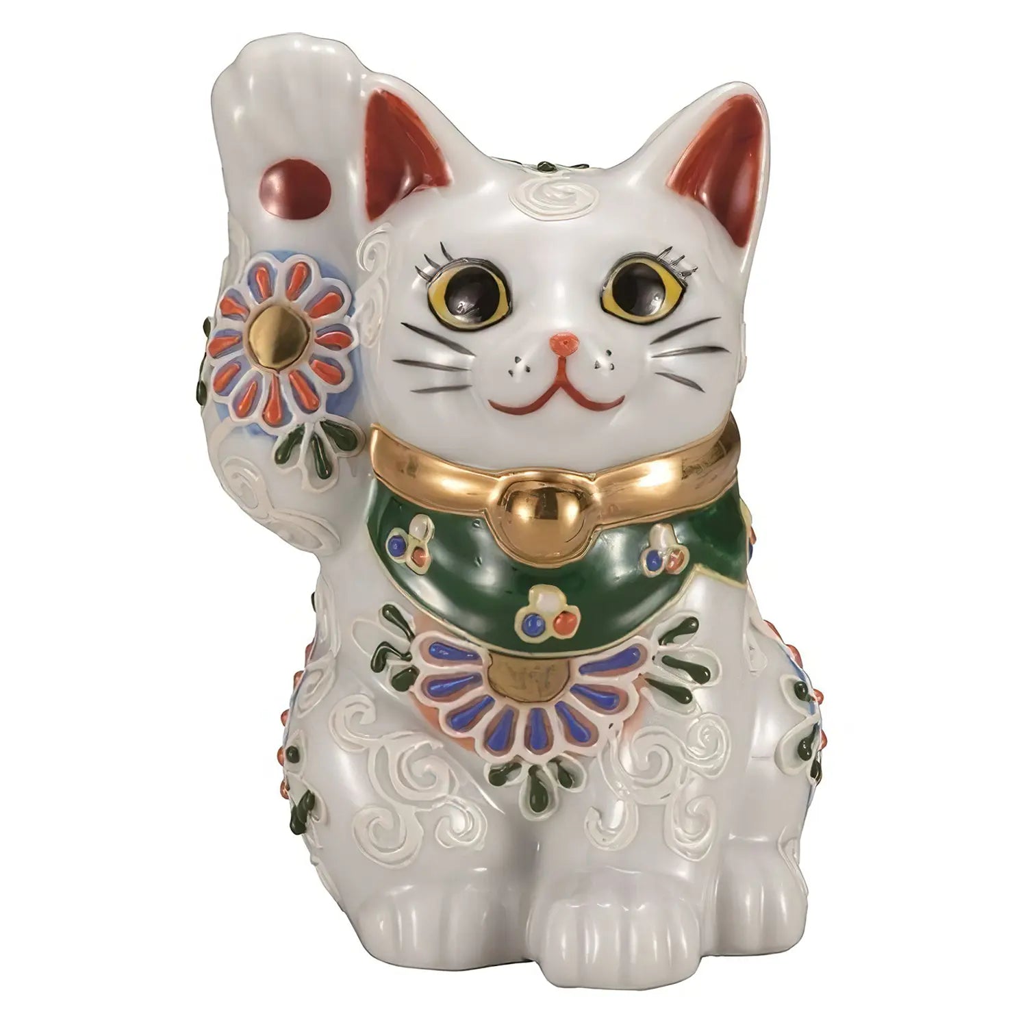 Authentic Kutani Ware Porcelain Maneki Neko Lucky Cat Figurine - White with Floral Design (4 Inches) - Perfect for Home Decor, Office Feng Shui & Japanese Culture Enthusiasts