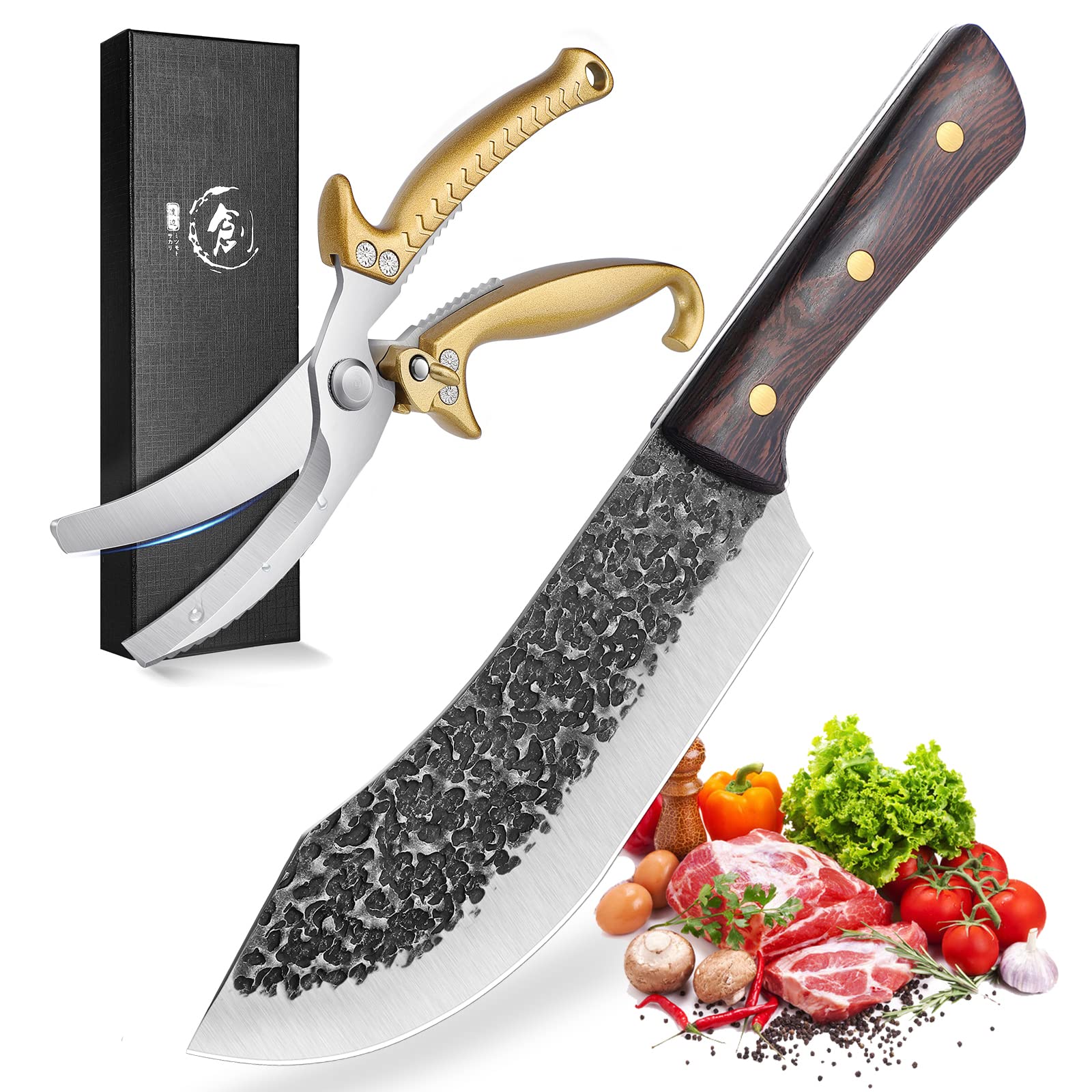 Ultra Sharp Butcher Knife & Heavy Duty Kitchen Shears Set - Professional Meat Cleaver & Poultry Shears for Cooking, BBQ, Outdoor Camping - Perfect for Home Chefs & Camping Enthusiasts