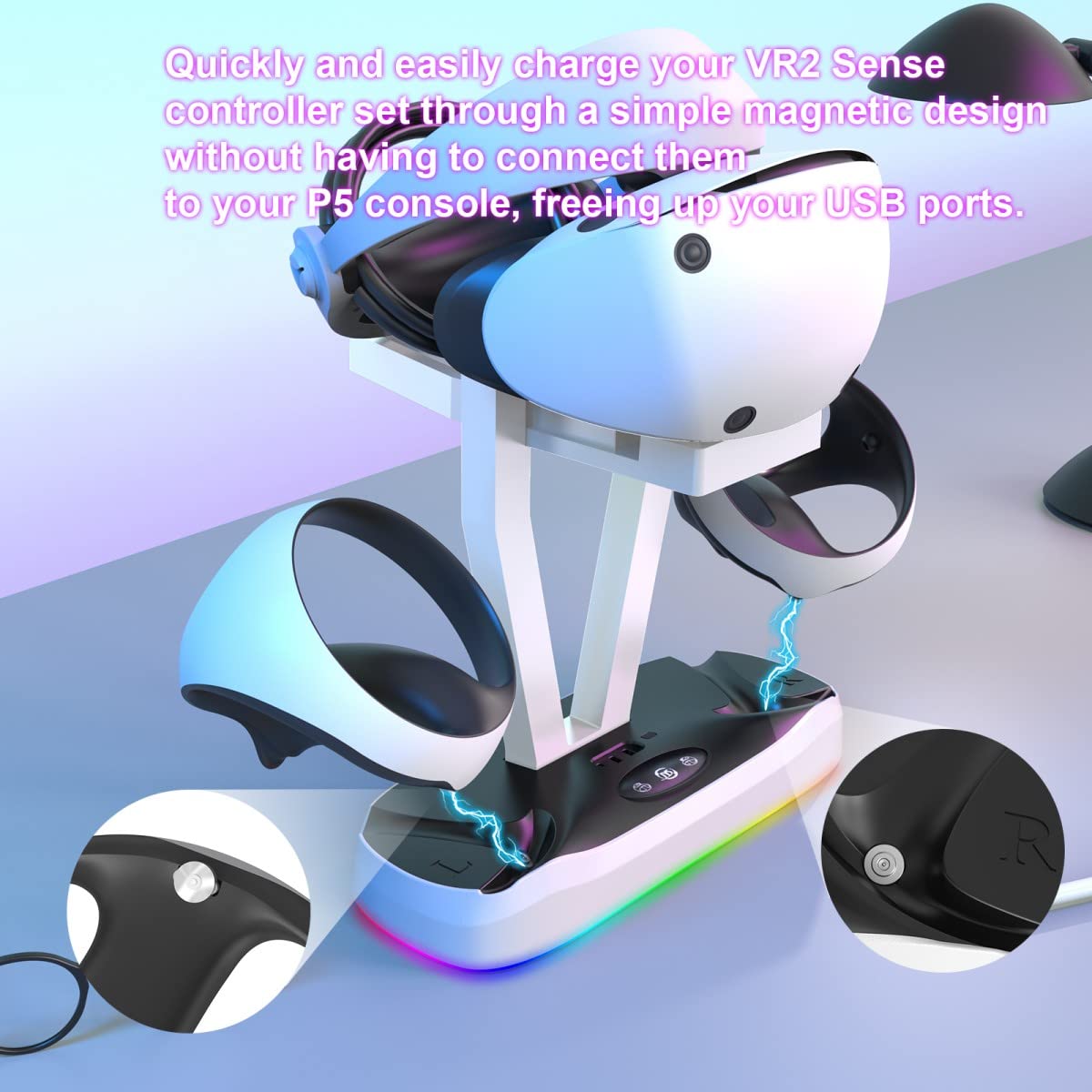 EMEBAY RGB Light Charging Station & Stand for PS VR2 - Dual Controller & Headset Charger with LED Indicators - Compatible with Play*Station PS VR2 - Perfect for Gaming Setup & VR Accessories Organization
