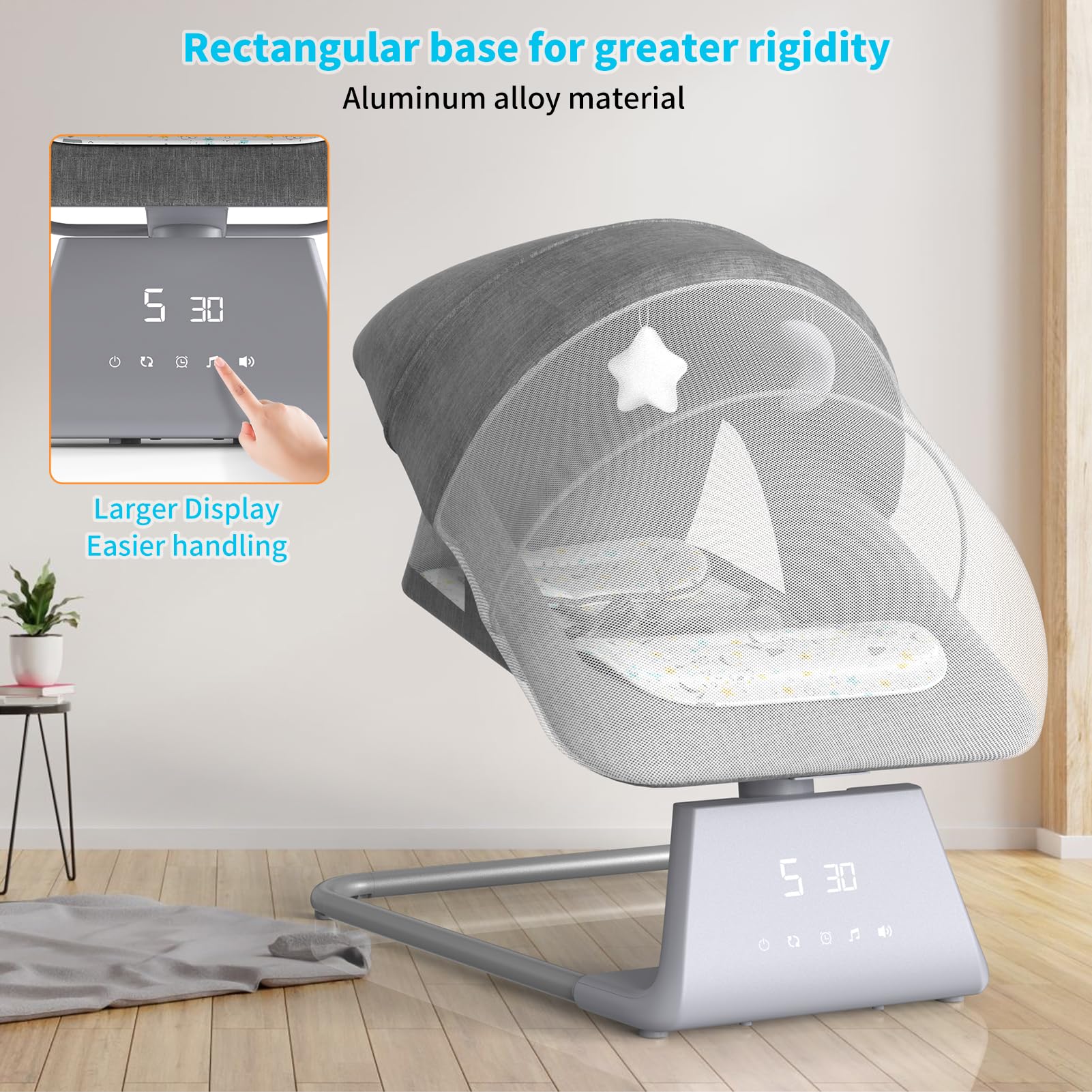 Electric Baby Swing with Bluetooth & Remote - 5 Speed Adjustable Infant Bouncer & Rocker with 11 Soothing Lullabies & Large Screen - Perfect for Newborns to Toddlers (Baby Boy & Girl) - Ideal for Nursery, Bedroom & Daycare Use