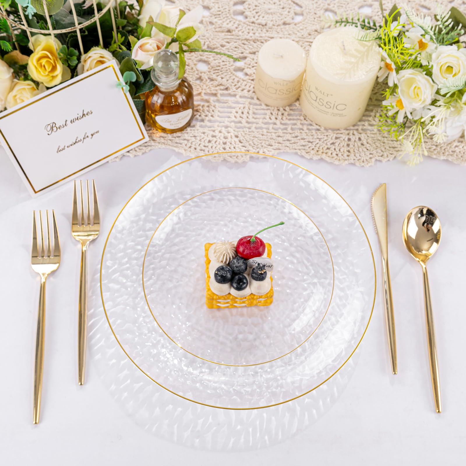 100Pcs Clear Gold Plastic Plates - Disposable Gold Rim Party Plates, Heavy Duty Hammered Design - 50 Clear Dessert Plates & 50 Dinner Plates for Weddings, Birthdays, BBQs & Special Events