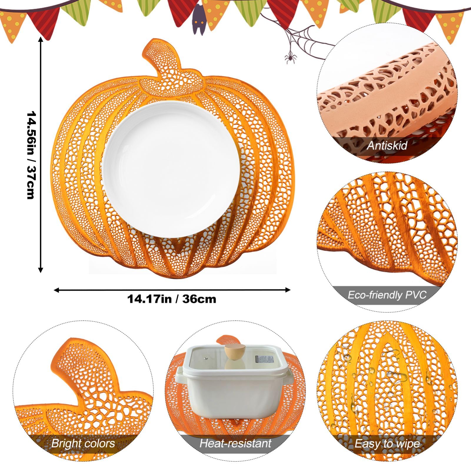 Premium Pumpkin Placemats Set of 6 - Fall Harvest Table Mats with Heat-Resistant Design for Thanksgiving, Halloween, Party & Wedding Decor - Perfect for Seasonal Dining, Holiday Gatherings & Festive Home Decor