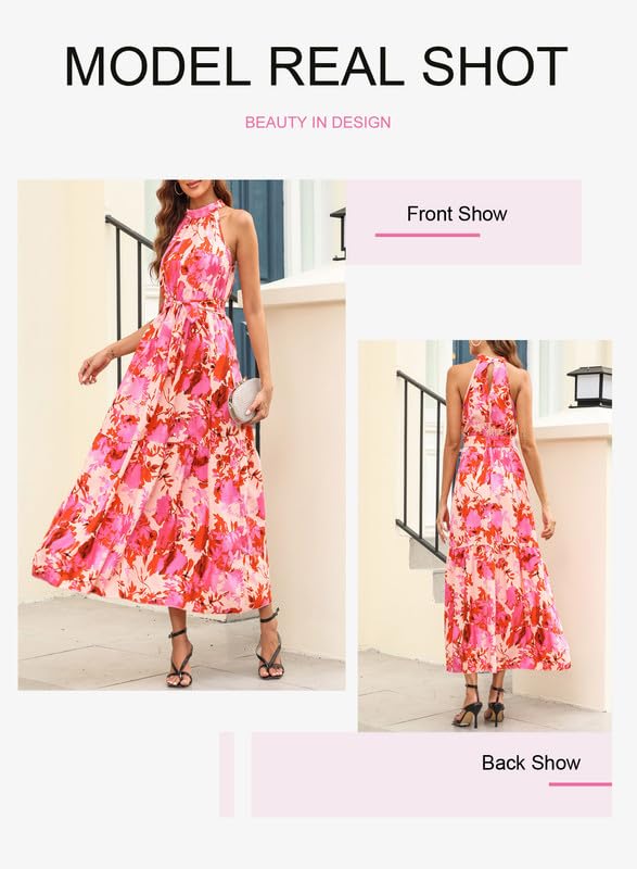 Elegant Floral Bohemian Maxi Dress for Women - Summer Wedding Guest & Bridesmaid Dress with Halter Neck & Belt | Perfect for Beach Weddings, Garden Parties & Special Occasions