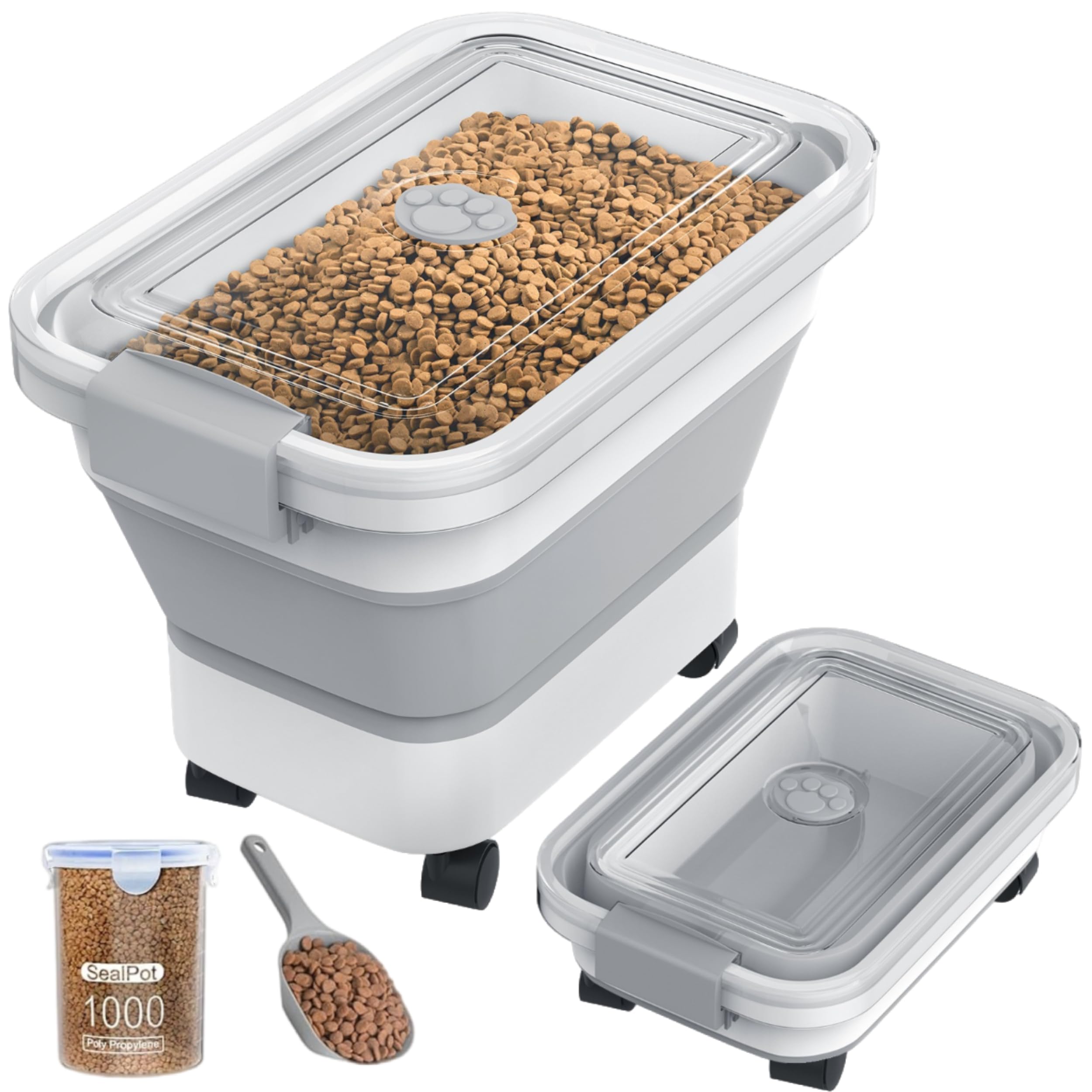 20-23 Lbs Collapsible Dog Food Storage Container with Airtight Lid - Transparent Pet Food Bin for Dogs & Cats - Perfect for Rice, Flour & Dry Food Storage - Includes Scoop & Bowl for Easy Feeding at Home or Travel