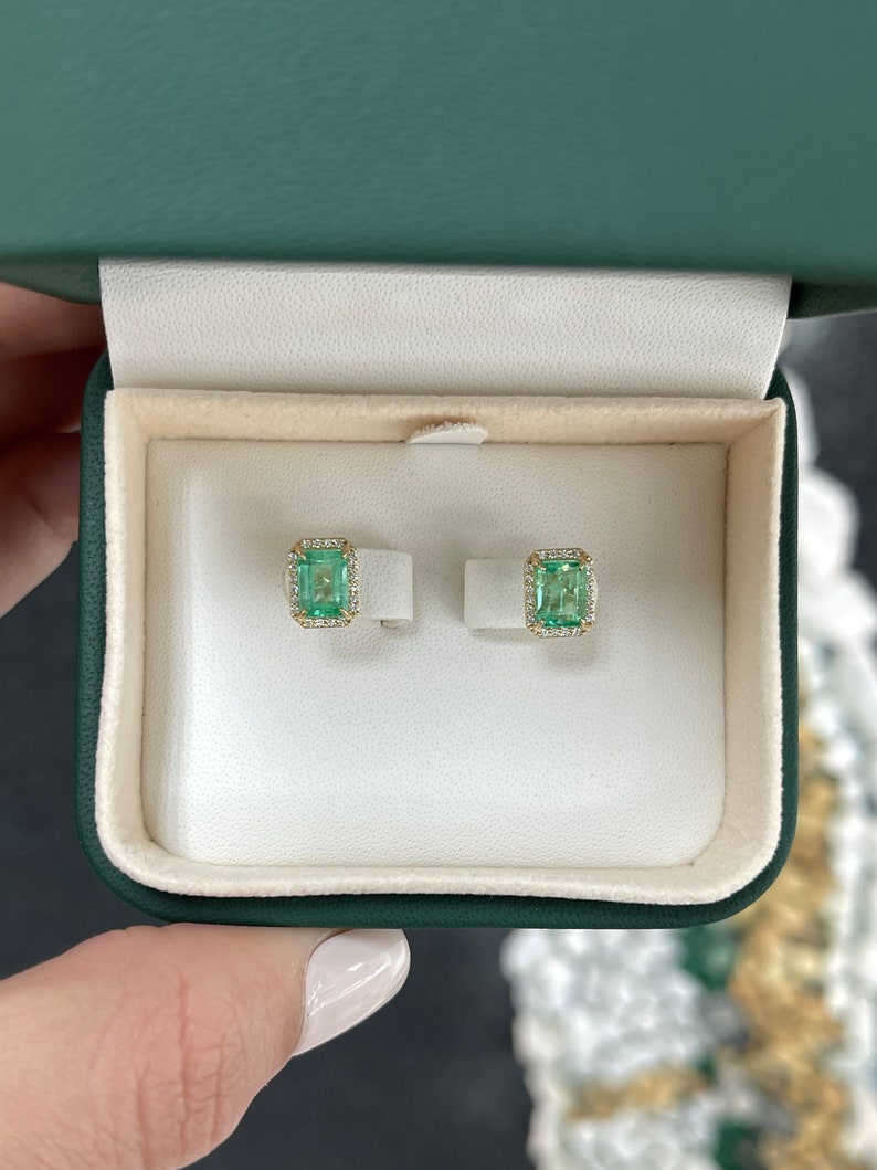 2.10tcw 14K Gold Classic 9x7mm Emerald Cut Natural Diamond Halo Stud Earrings - Perfect for Weddings, Anniversaries & Special Occasions