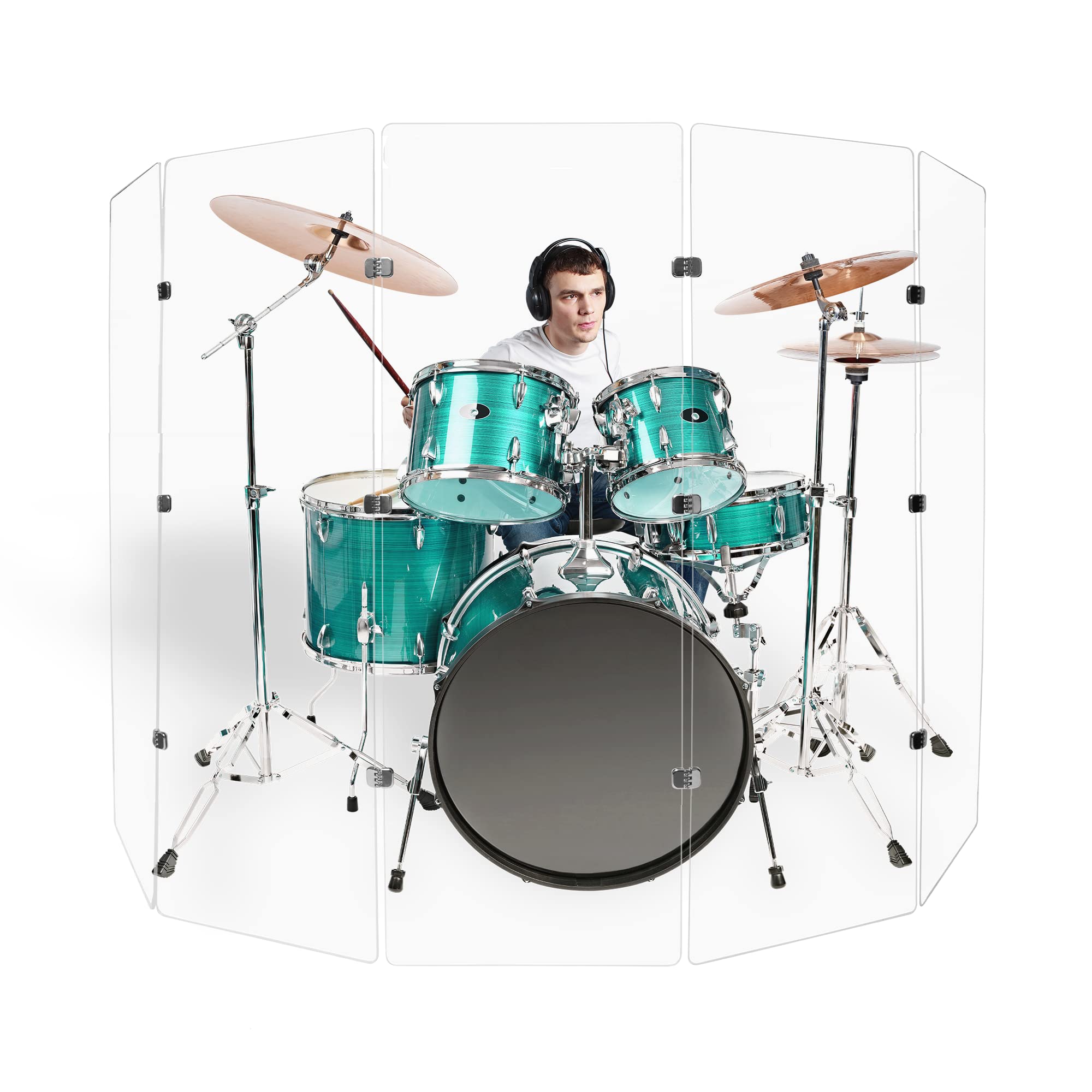 6ft Premium Clear Acrylic Drum Shield with Chrome Hinges - Includes 5 Drum Panels & Soundproof Screen - Perfect for Live Performances, Studio Recording, and Drum Practice