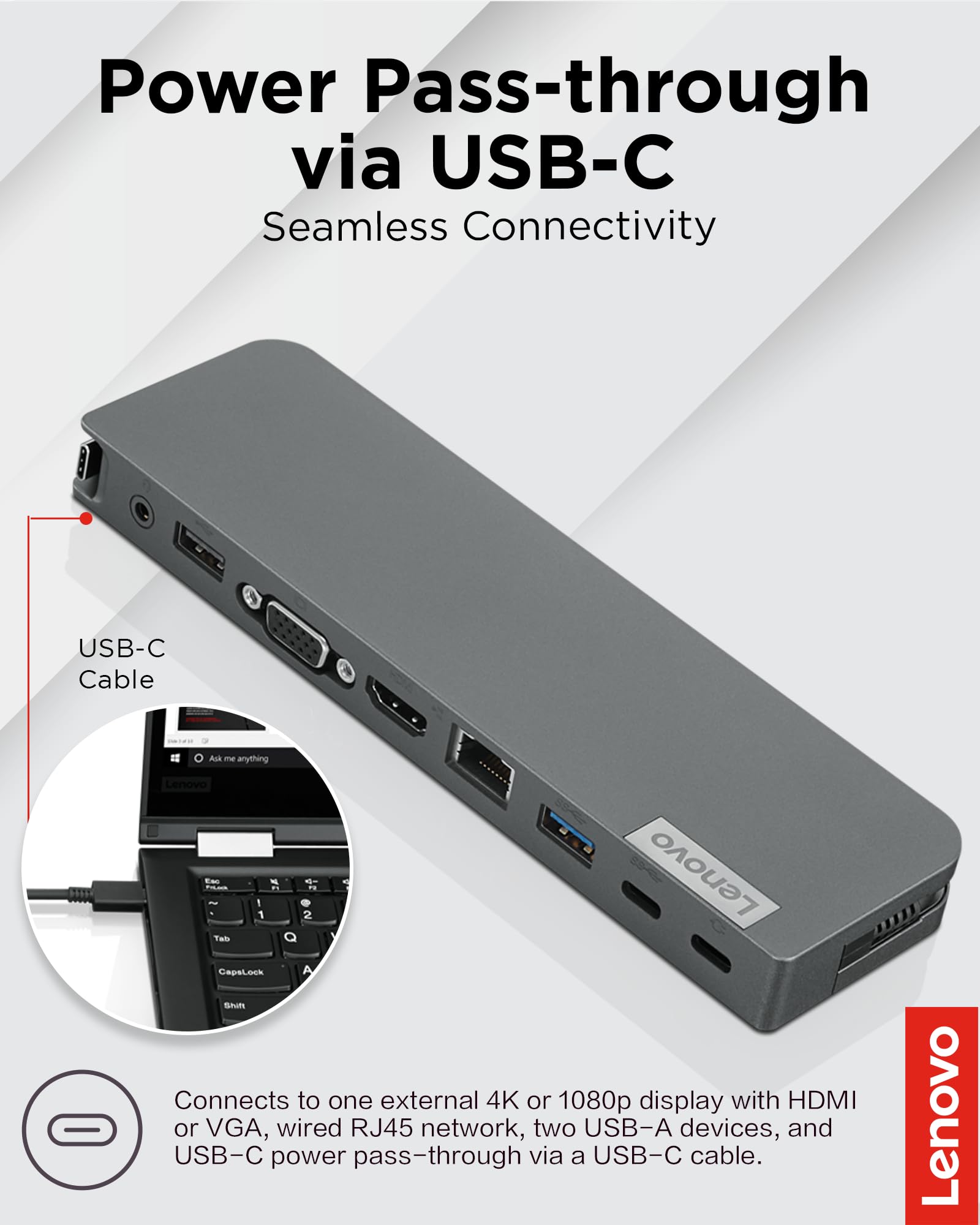 Lenovo USB-C Mini Dock - 6-in-1 Portable Docking Station with HDMI, USB 3.0, Ethernet & Power Delivery - Perfect for Home Office, Business Travel & Remote Work