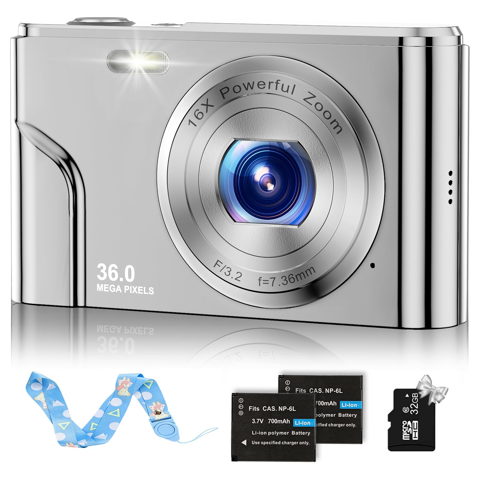 1080P 48MP Kids Digital Camera with 32GB SD Card - 2.4 Inch Screen, 16X Digital Zoom, Compact Mini Camera for Boys, Girls, Teens & Adults (Silver) - Perfect for Birthday Gifts, Travel, School Projects & Family Moments