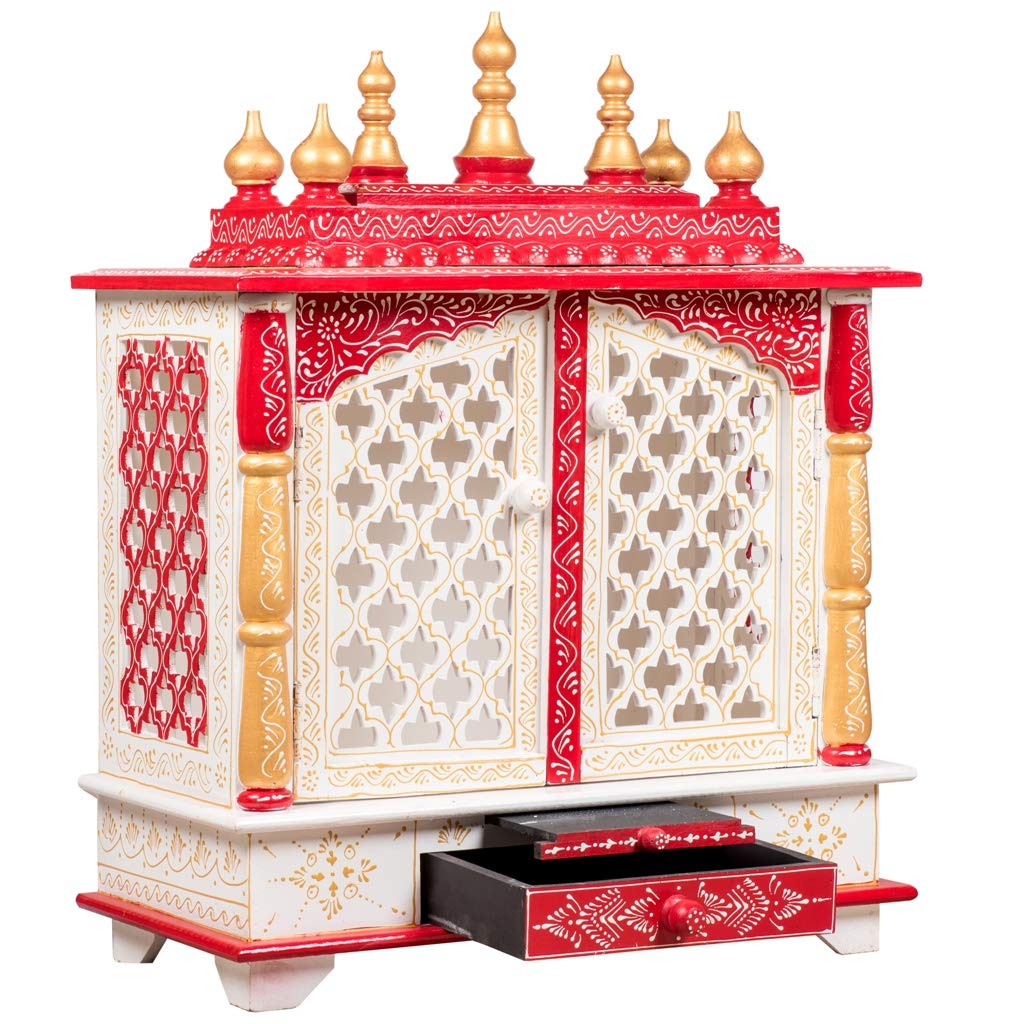 Handcrafted Wooden Home Temple for Pooja - Traditional Indian Mandir with Carved Design - Perfect for Daily Worship, Meditation & Home Decor (05)