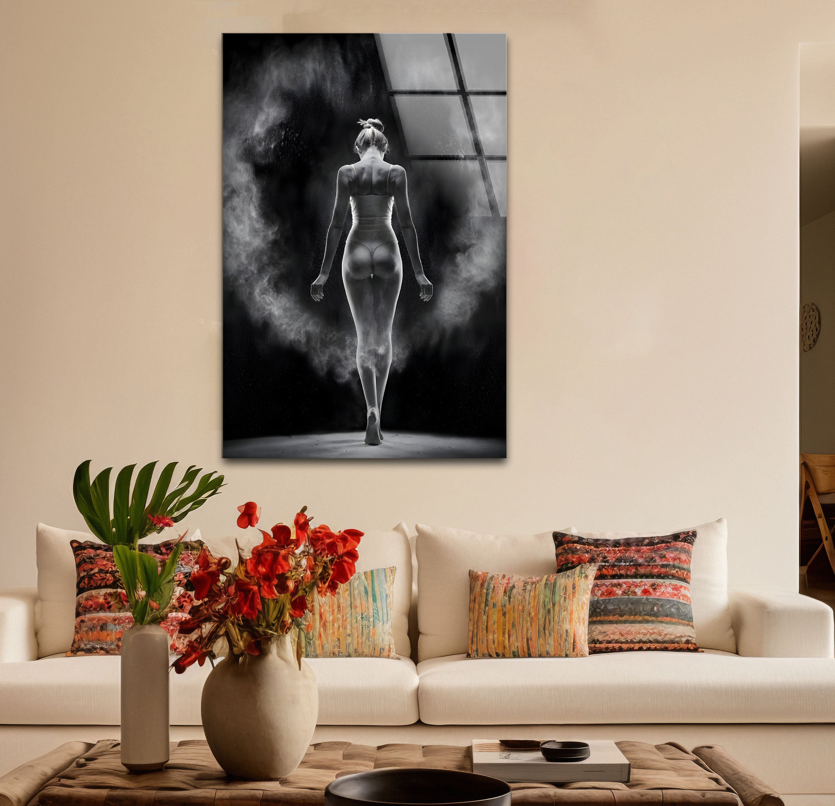 Black and White Nude Woman Photo Print Framed Glass Wall Art - Elegant Home Decor for Living Room, Bedroom & Office