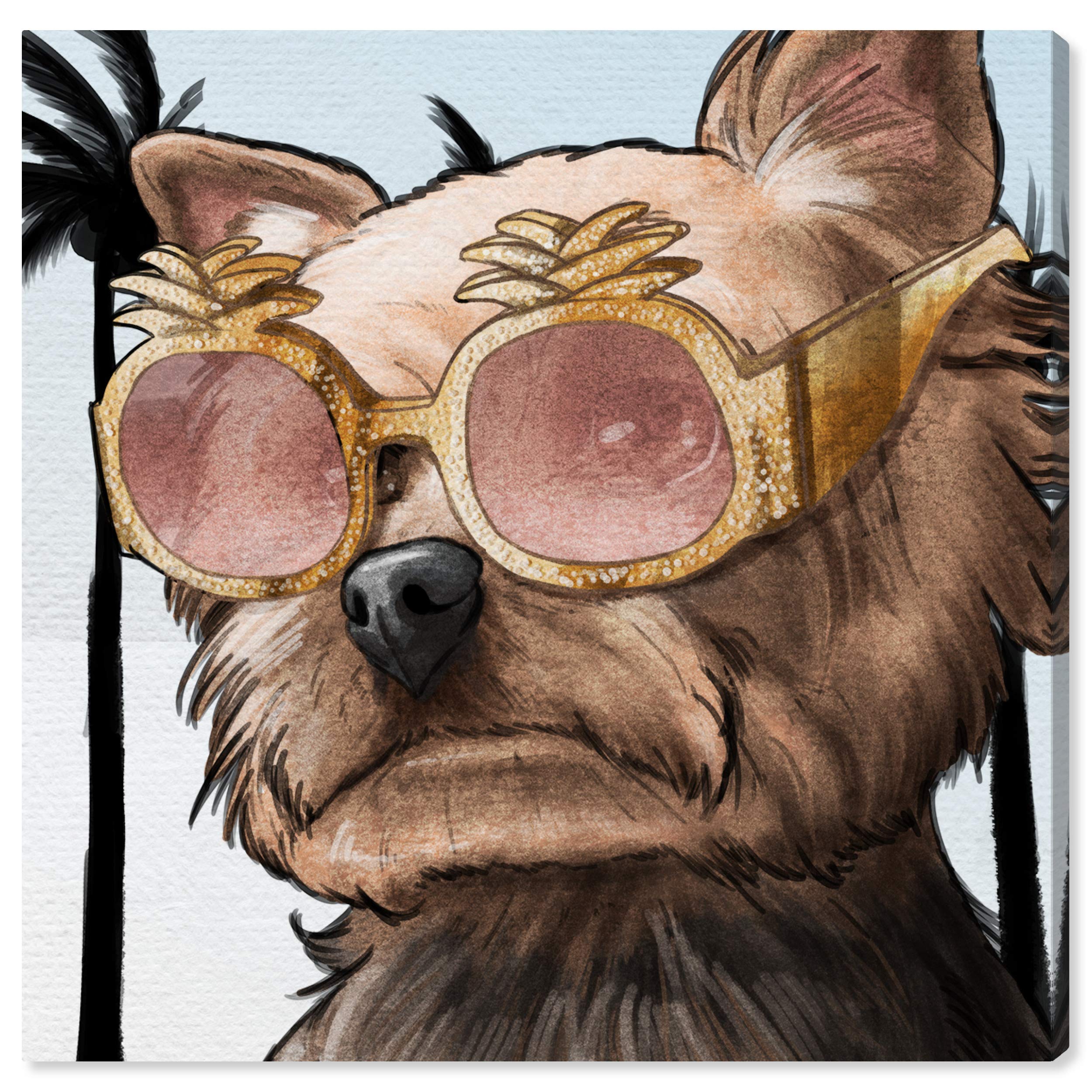 Oliver Gal Artist Co. Yorkie Palm Glam Animal Wall Art Canvas Print - 24x24 Inches Brown & Gold Framed Home Decor - Perfect for Living Room, Bedroom & Office Wall Decor