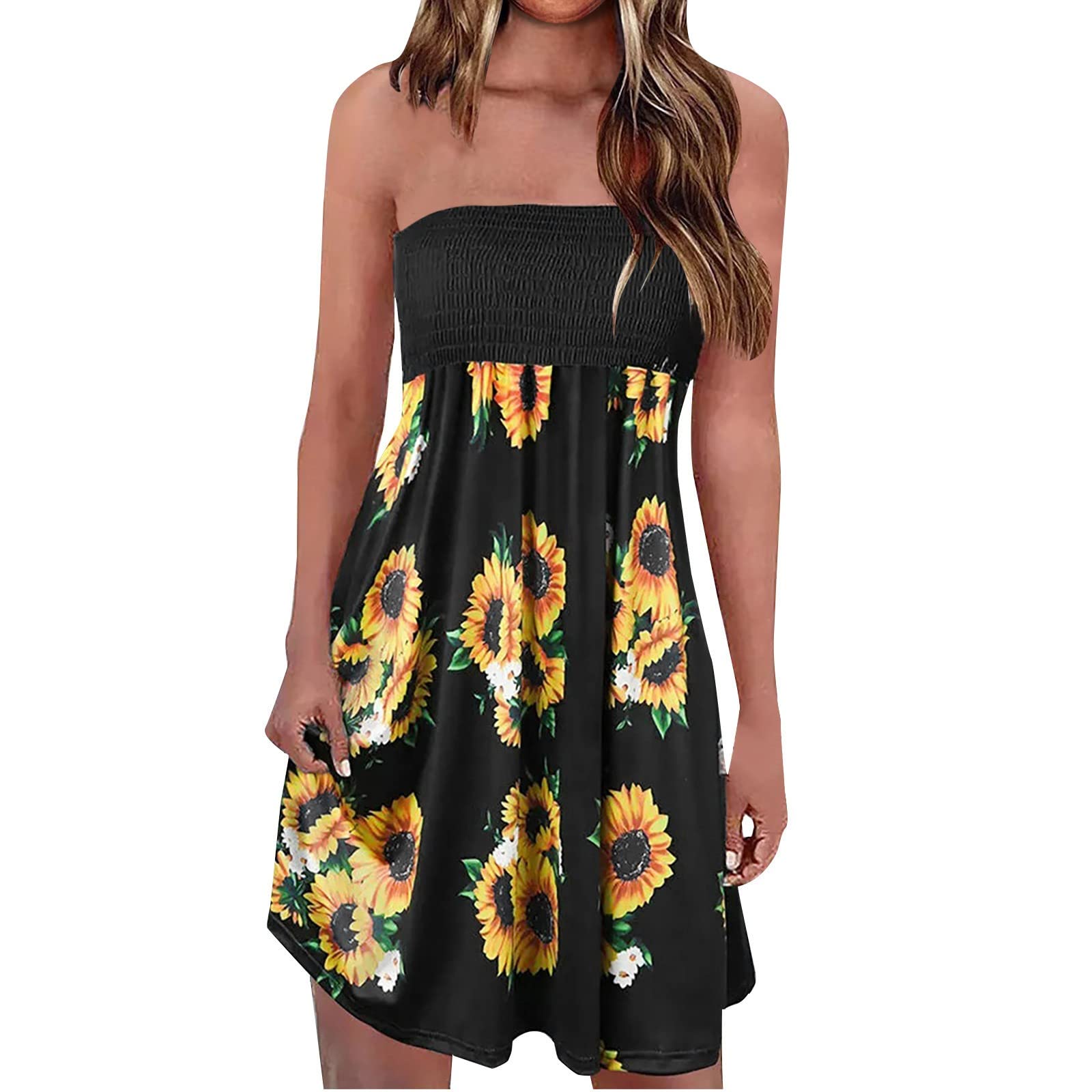 Fragarn Women's Summer Dresses 2023 - Strapless Bandeau Elastic Boho Floral A-Line Sundress | Casual Sleeveless Dress for Beach, Vacation & Outdoor Parties